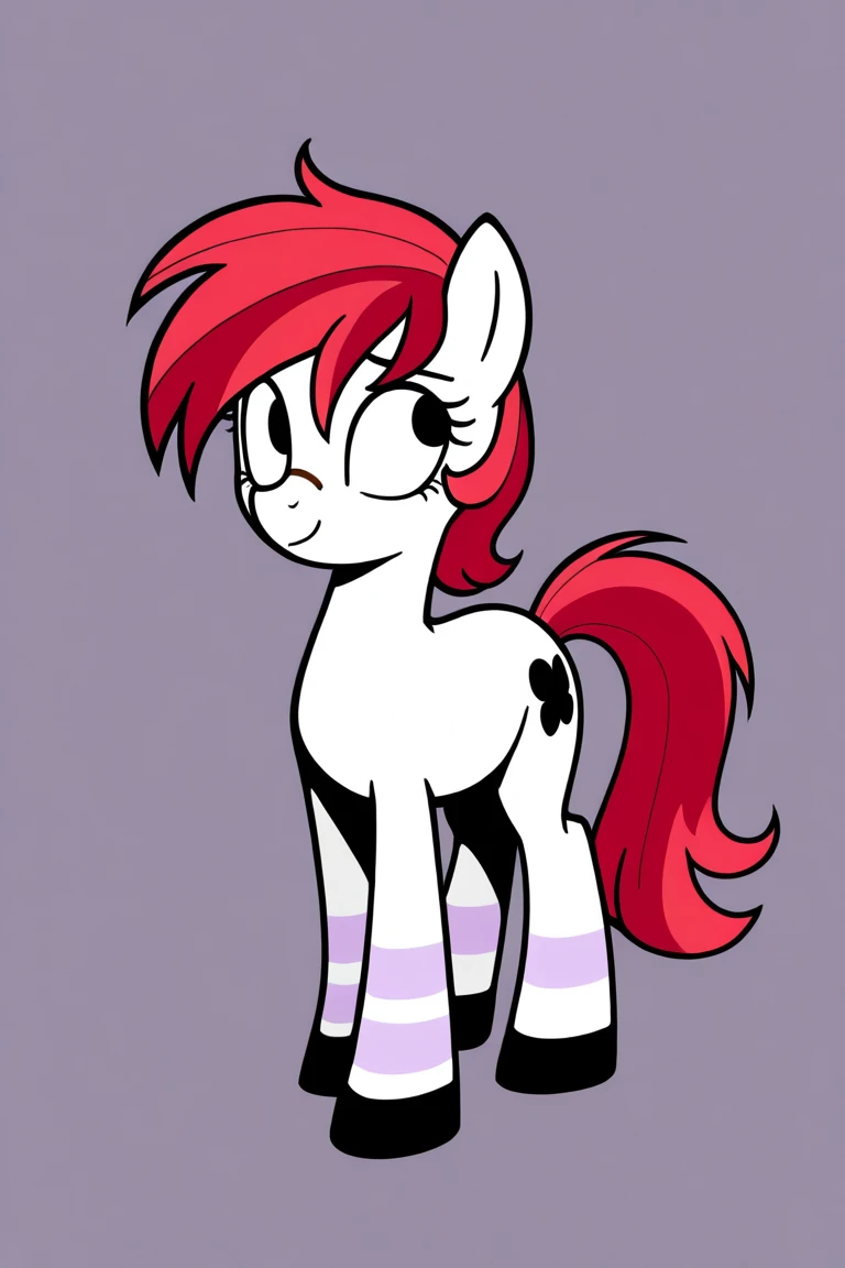 pony,cute face,pink eyes,grey fur, pink and black striped hair,zankuro style,pink background,white outline