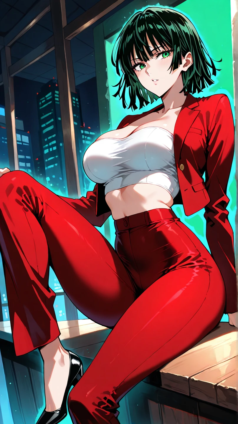 （（super high quality,Ultra-high resolution,4K,8k,super masterpiece,Ultra HD））Night view at night,Looking up from below, （（A sexy mature woman,））,（（popped collar Red shirts,（Sleeves folded back to the elbow,（Long black gloves））,Black pants with a glossy finish,Black long boots）,Tight collar,）Black hair straight short,Sharp Eyes,Open chest,Cleavage,slouch,Place one hand on hip,Put one hand on your head,Provocative smile,Necklace with a cross,sexy,