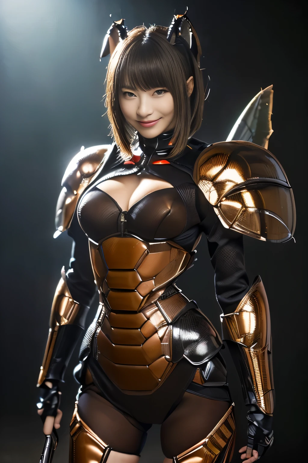(high resolution,masterpiece,best quality,extremely detailed CG, anime, official art:1.4), realistic, photo, amazing fine details, all intricate, gloss and shiny,awesome many layers, 8k wall paper, 3d, sketch, kawaii, illustration,( solo:1.4), perfect female proportion,villainess, (fusion of dark brown cockroach and lady:1.4), (brown cockroach form lady:1.2), (brown cockroach lady:1.2), (fusion:1.2), (solo:1.4), (evil smile:1.2), muscular, abs, (cockroach brown exoskeleton bio insect suit:1.4), (cockroach brown exoskeleton bio insect armor:1.2), (brown transparency cockroach wing:1.4), (brown cockroach antennae:1.3),