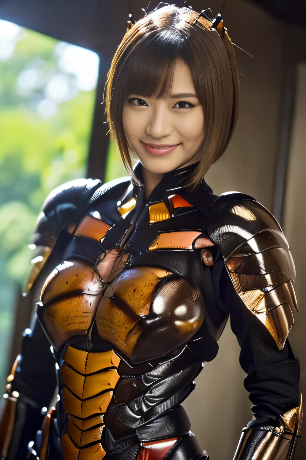 (High resolution,masterpiece,highest quality,Very detailed CG, anime, official art:1.4), realistic, photograph, amazing detail, all complicated, luster and luster,great many layers, 8k wallpaper, 3D, sketch, cute, figure,( alone:1.4), perfect female proportions,villain's daughter, (Fusion of dark brown cockroach and lady:1.4), (brown cockroach form lady:1.2), (brown cockroach woman:1.2), (Fusion:1.2), (alone:1.4), (evil smile:1.2), muscular, abs, (Cockroach brown exoskeleton bio insect suit:1.4), (Cockroach brown exoskeleton bio insect armor:1.2), (brown transparent cockroach feathers:1.4), (brown cockroach antenna:1.3),