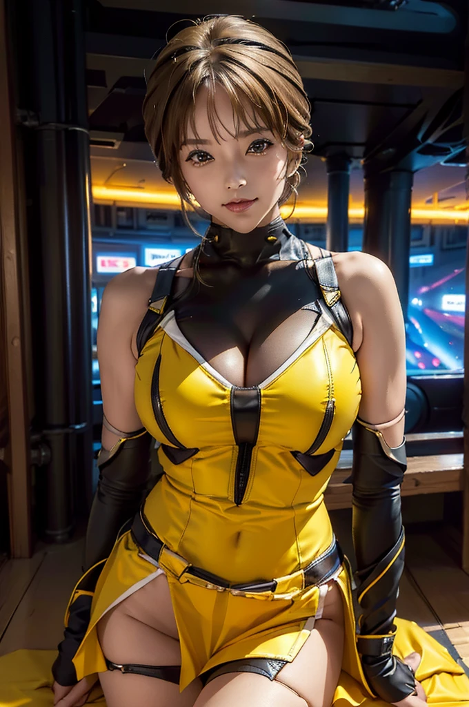 (very detailed:1.5), (8K), Sci-fi futuristic mechanical girl with flashing neon lights., style (Cyberpunk Personality:1.3), Wear an elegant combat uniform,vivid details, y pose, (Bold typography:1.2), dynamic composition, bright colors, (アキラstyle:1.1), (Inspired by Hajime Sorayama:1.2), Full body Esbian, red、yellow、green、white details, fight position, detailed bikini, Futuristic and detailed BMW bikes,13 irl born in junior high school, (((huge breasts:1.2)))、air