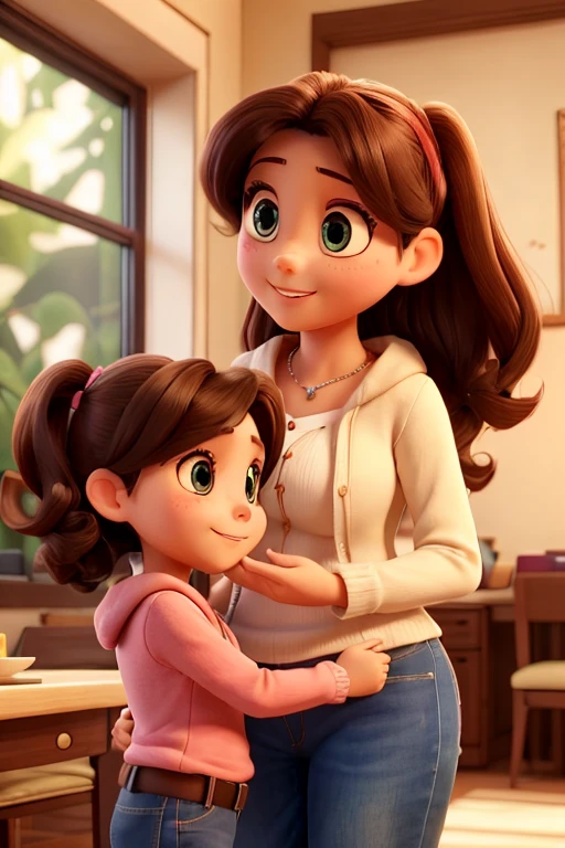 A girl with light brown skin and dark brown hair, hugging Jesus 