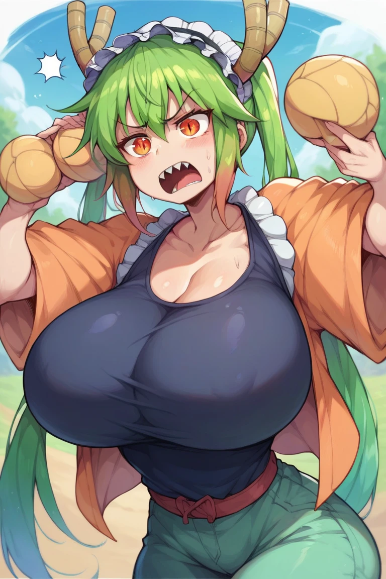 Chubby and voluptuous anime girl with olive green hair, orange eyes, ponytail hairstyle, wearing a white shirt being penetrated by a muscular guy