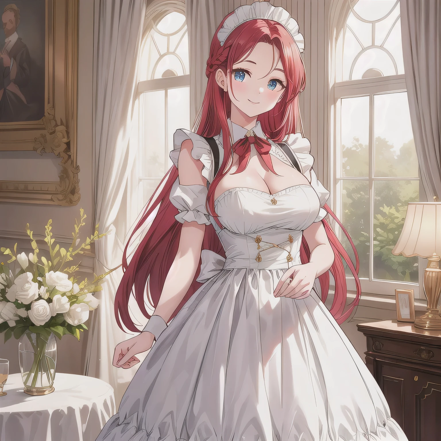 A breathtakingly beautiful 20-year-old woman stands in an opulent mansion room, dressed in a classic black-and-white maid outfit with a short hem and a white brim cap. Her confident smile radiates warmth. The room features elegant furnishings and decor befitting a grand estate, bathed in soft, natural lighting that enhances the sophisticated ambiance. Long hair, red hair, blue eyes.