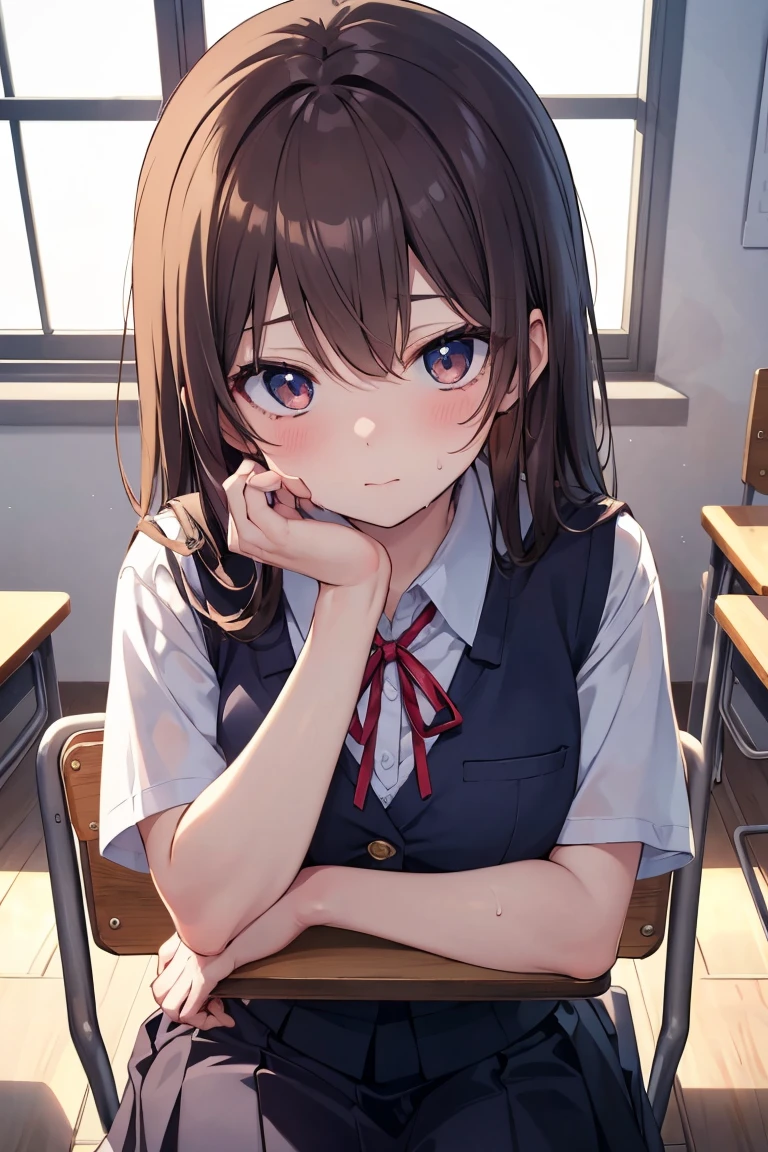 There is a strong sense of freshness and freshness,girl with,((serafuku)), hands on one's face, Elbows on the desk, Sit up, Classroom, sunlights, window, see the beholder, Face in Love, I can see the cleavage:1.2, The finest beige underwear, Best Quality,Ultra-detailed, High resolution, extremely details CG, Unity 8k wallpaper, Caustics, textile shading, super detailed skin, Perfect Anatomy, Detailed, Cinematic lighting, Dynamic lighting, Beautiful detailed eyes, (top-quality), (ultra-detailliert), (masuter piece), (hight resolution), (Original), Character Design, Game CG, Detailed Manga Illustration, Realistic head-to-body size ratio:1.2
