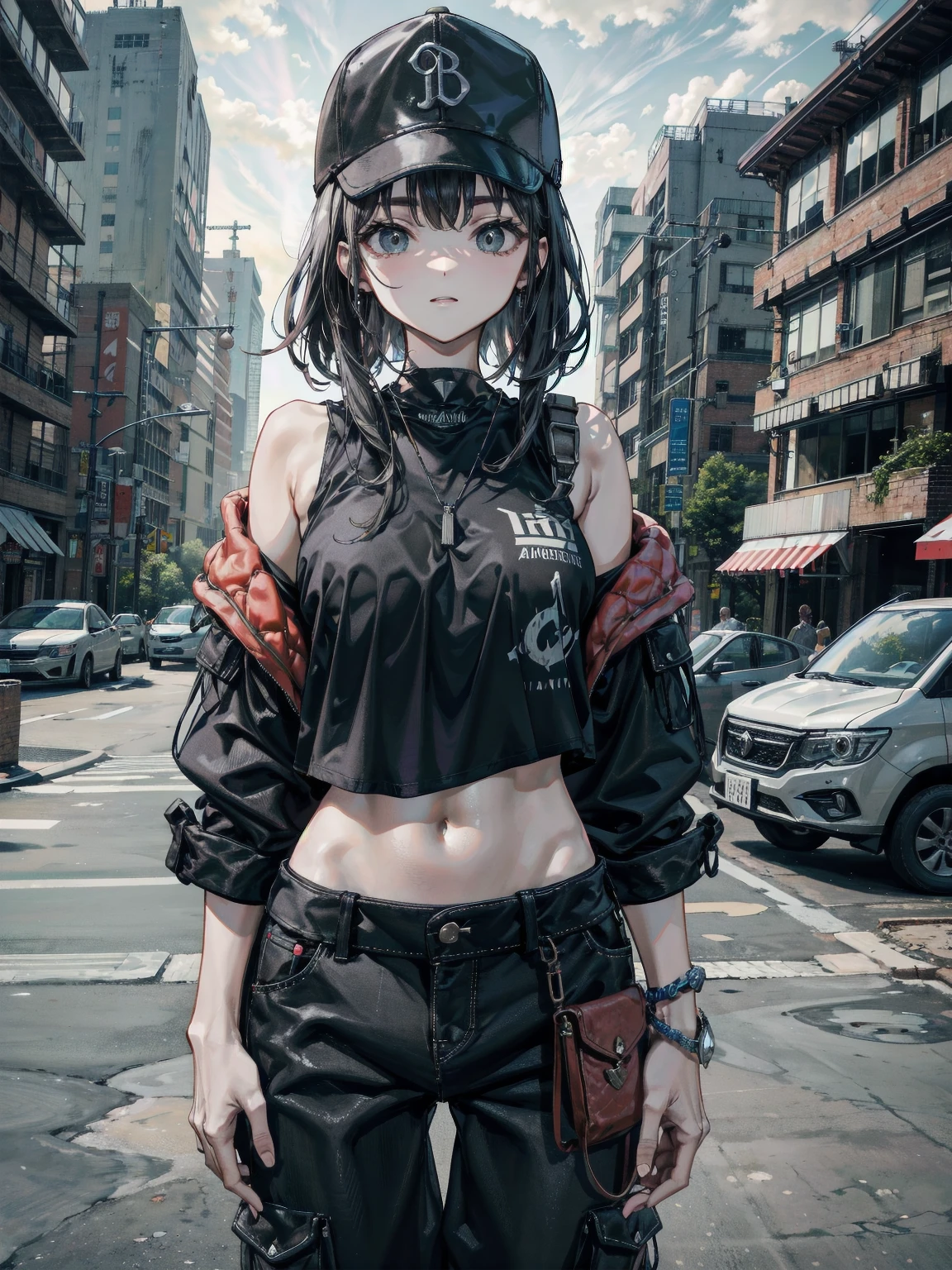 1girl, punk hair, brown eyes, wearing stylish clothes with pirate logo, sexy, walking the bridge, absurdres, high res, ultrasharp, 8K, masterpiece, looking at viewer
