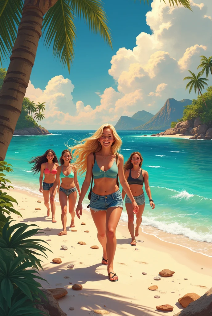 several naked girls with a tropical background