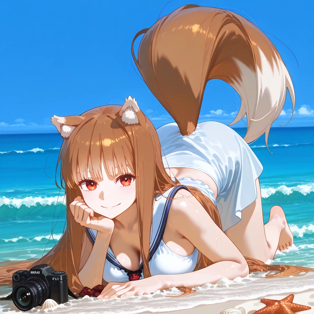 masterpiece, best quality, 1girl, looking at viewer, {day|night}, <lora:holo-10:1>, holos, medieval, outdoors, wolf ears, wolf tail, brown hair, long hair, summer, sky, blue sky, small breasts, erotic, <lora:masturbation-v1:1>, swimsuit, beach,