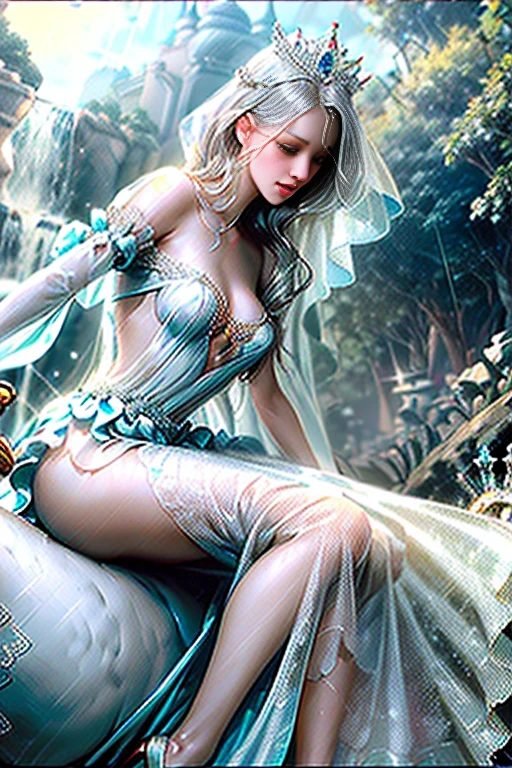 Graphics novel illustration, best quality, high resolution, 8k aesthetic, mesmerizing celestial moonlight,
Α field of white flowers. A beautiful young woman in a blue dress hogtied, laying on stomach, feet together, pale blue fishnets, (otm gag:1.5). trees with white leaves rest in the background, bound with blue rope. the cloudy sky breaking to reveal the blue moon. rain is pouring across the landscape as heavy wind blows the white flowers that flood the ground. lightning strikes in the background directly hyper realistic. Epic scene like a dream. Leaves are fluttering around the women. The world is majestic with wildlife showing up to listen. Deer laying near by watching and listening to the female. As she lays on a river her dress made of beautifully detailed water. Bunnies rest by the river watching her. Beautiful masterpiece of art.. beautiful contrast of the light along the water which has an incredible reflection. Laying on water. dress made of water on the female. high aspect ratio. beautiful composition. detailed textures. realistic. beautiful detailed moon.