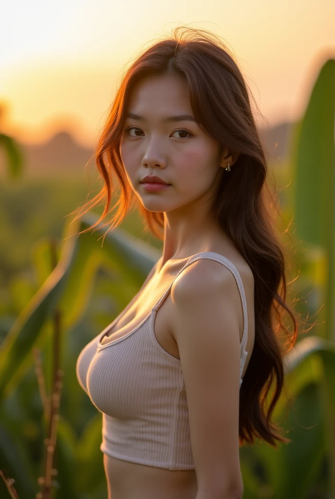 (Dramatic portrait shot:1.4), (Best quality:1.4),(dynamic angle:1.3), 25y, (chubby:1.3), 1uzbek girl, wearing ((orange sweater torn dress)), (big breast:1.3), wavy hairstyle blowing in the wind, summer, dark moody, beautiful shadow and sunlight, intricate posing, standing in the garden with corn plants, aesthetic atmosphere, kodacrhome, cinematic lighting, masterpiece composition, realistic face and eyes, realistic skin, ultra highly detailed, sharp focus, beautiful film bokeh, surreal view, shot by zenit camera with 35mm lens, Portrait by annie leibovitz, in 2024