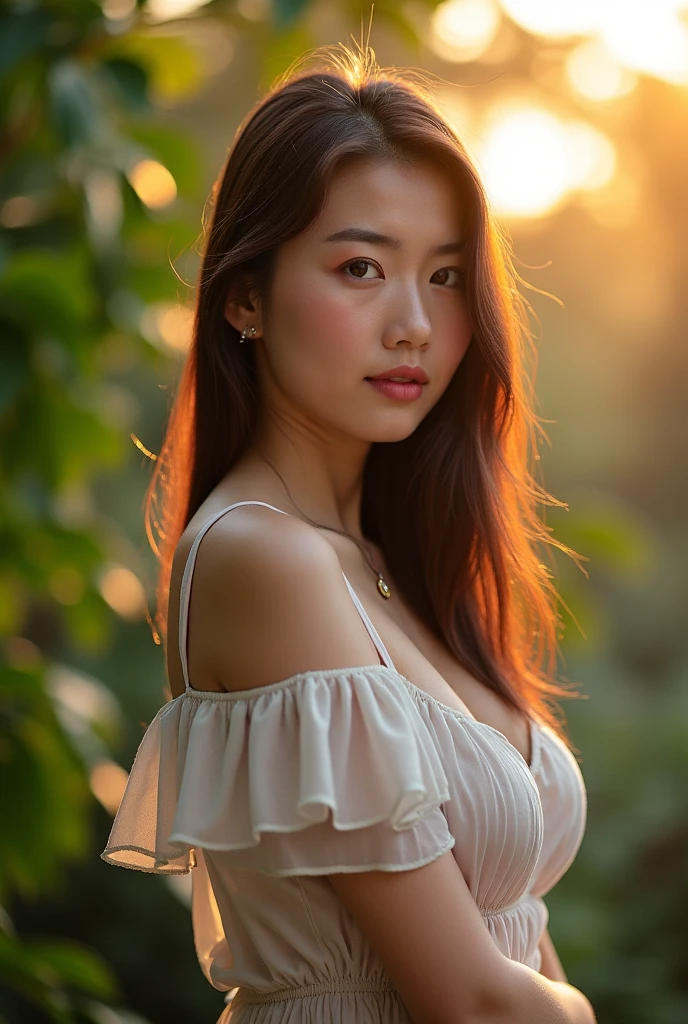 realistic: Open the aperture wide., professional lighting, Sony A7R4, 50 mm sitting lens. 2 ; Warm light, (digital painting, HDR ภาพถ่ายหน้าตรงThai anime, Female anime Araffe 25 30 years old, realistic: Open the aperture wide., professional lighting, Sony A7R4, 50 mm sitting lens. 2 ; Warm light, (digital painting, HDR, high contrast (digital painting, HDR, high contrast),Old jeans torn, bright colored t-shirts, Looking straight at you intently, Long-haired woman with a round face, Red cheeks, Pink cheeks, black eyes ตาสองชั้น, black eyes, Thai anime, Has a large chest size of 38 inches., ponytail woman, flowing black hair, long flowing black hair, she has black hair, Her black hair was long and wavy., beautiful black hair, Extra dark natural black hair, The shirt is tight., Looks hot., ,black eyes,abdominal muscles, rounded chest, outdoor, The background is a rice field., There is an old thatched Thai-style hut in the background., The evening sun shines, beautiful female model, jaw-dropping beauty, realistically,