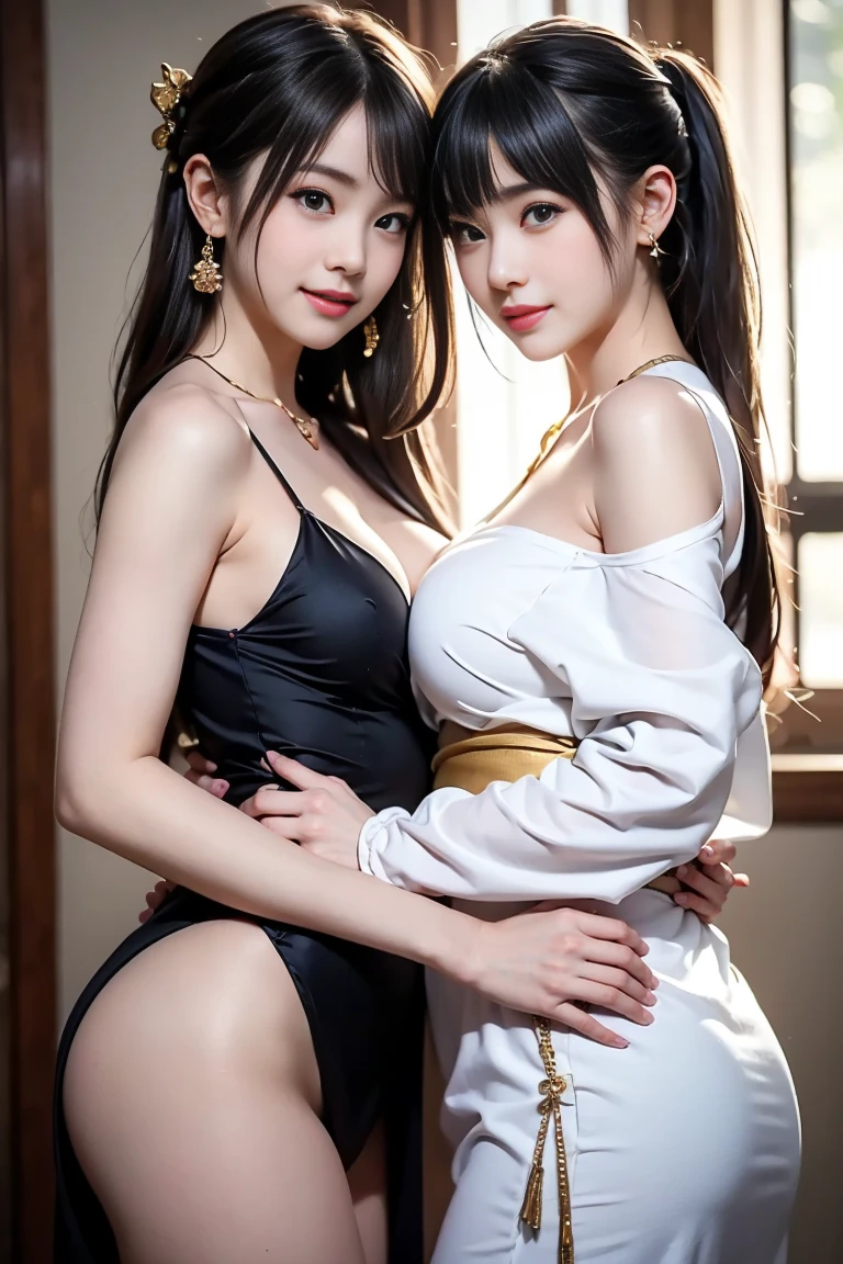 (Best Quality, Masterpiece, Photo realistic, Ultra Detailed, ultra high res, raw:1.3), (breast press), (2girls, pretty, Japanese), (big breasts:1.3), (hands on ass), bangs, long hair,