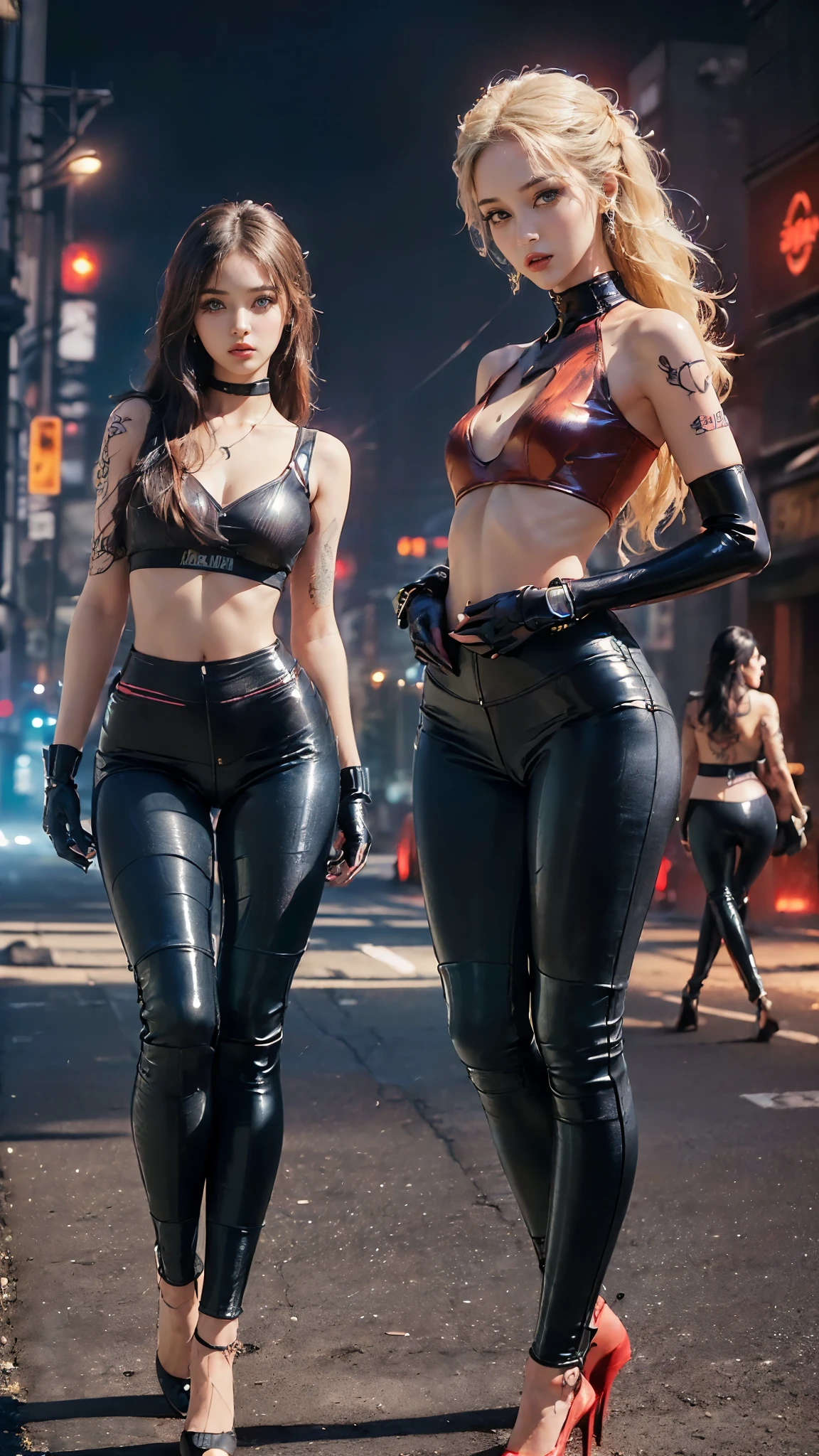 "3 Mechanic Girls, tenue en cuir avant-gardiste, ventre nu, main parfaite, Dark Aesthetic, garage sale, aucun autre humain"