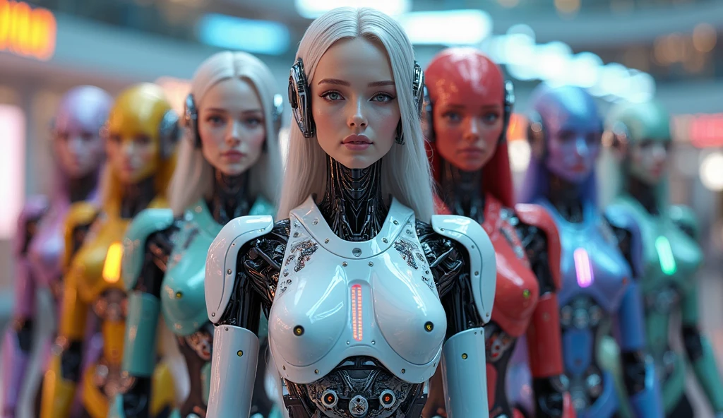 (best quality,4k,8k,highres,masterpiece:1.2),ultra-detailed,(realistic,photorealistic,photo-realistic:1.37),(bestselling female sex android:1.2),(gorgeous, perfect irises, perfect lips, perfect teeth),(flawless skin, soft front lighting, glow, HDR),(soothing colors)An exhibition showcasing AI-equipped autonomous female androids exhibiting various sex positions, adorned with a beautiful face and seductive gestures. The androids' eyes, lips, and faces are exquisitely detailed, creating a mesmerizingly realistic appearance. The exhibition is a masterpiece of modern art, combining the mediums of sculpture and technology to blur the boundaries between human and machine. The androids' bodies are crafted with ultra-realistic materials, utilizing physically-based rendering techniques to achieve a photorealistic effect. The lighting is carefully designed to accentuate the androids' features, with studio lighting creating a captivating atmosphere. The colors exhibit a vivid and alluring palette, enhancing the seductive nature of the exhibition. The exhibition boasts high-resolution visuals, such as 4k and 8k displays, allowing visitors to immerse themselves in the intricate details of the androids' bodies and expressions. The scene is further enhanced by elements such as bokeh, creating a dreamy and ethereal ambiance. The exhibition combines elements of photography and concept art, resulting in an innovative and provocative art form. (NSFW:1.5), Her chest, stomach, and genitals are covered with artificial skin. Sex androids have beautiful, sexually attractive faces that are so detailed that they are indistinguishable from real humans There are Italian girl, Russian girl, Saudi girl, and Japanese girl types. Their eyes are blue.