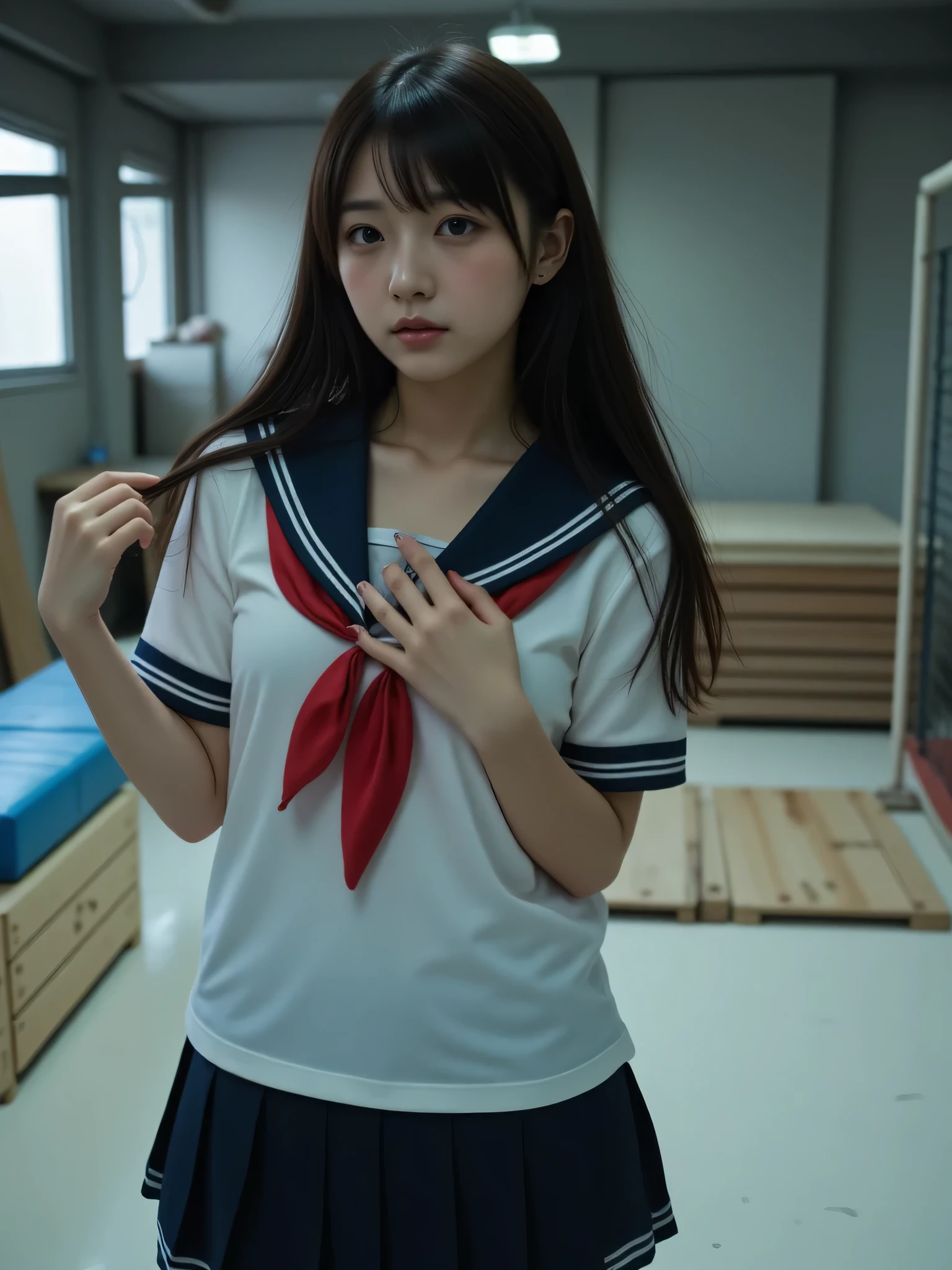 japanese cute idol, Japanese cute girl, kawaii, a beautiful young girl dressed up as a sailor, 1girl, solo, school uniform, serafuku, skirt, (The normal face of Japan),(The plain face of Japan ),(Curvy Body),(High school uniform、Wearing school uniform) black hair、 pleated skirt 、a beauty girl,large breast,focus breasts,show bra ,underwear ,navel, Messy narrow Sports warehouse room. dark light gray hue shift. Dim lit. Evening. slightly old background wall. white floor with few scratches. few crack and little dirt on wall. wooden vaulting boxes. Hurdles. soccer balls in a cage made of iron pipes. Light gray Stacked gymnastics mats. , (embarrassed, nose blush:1.3), dark illumination room