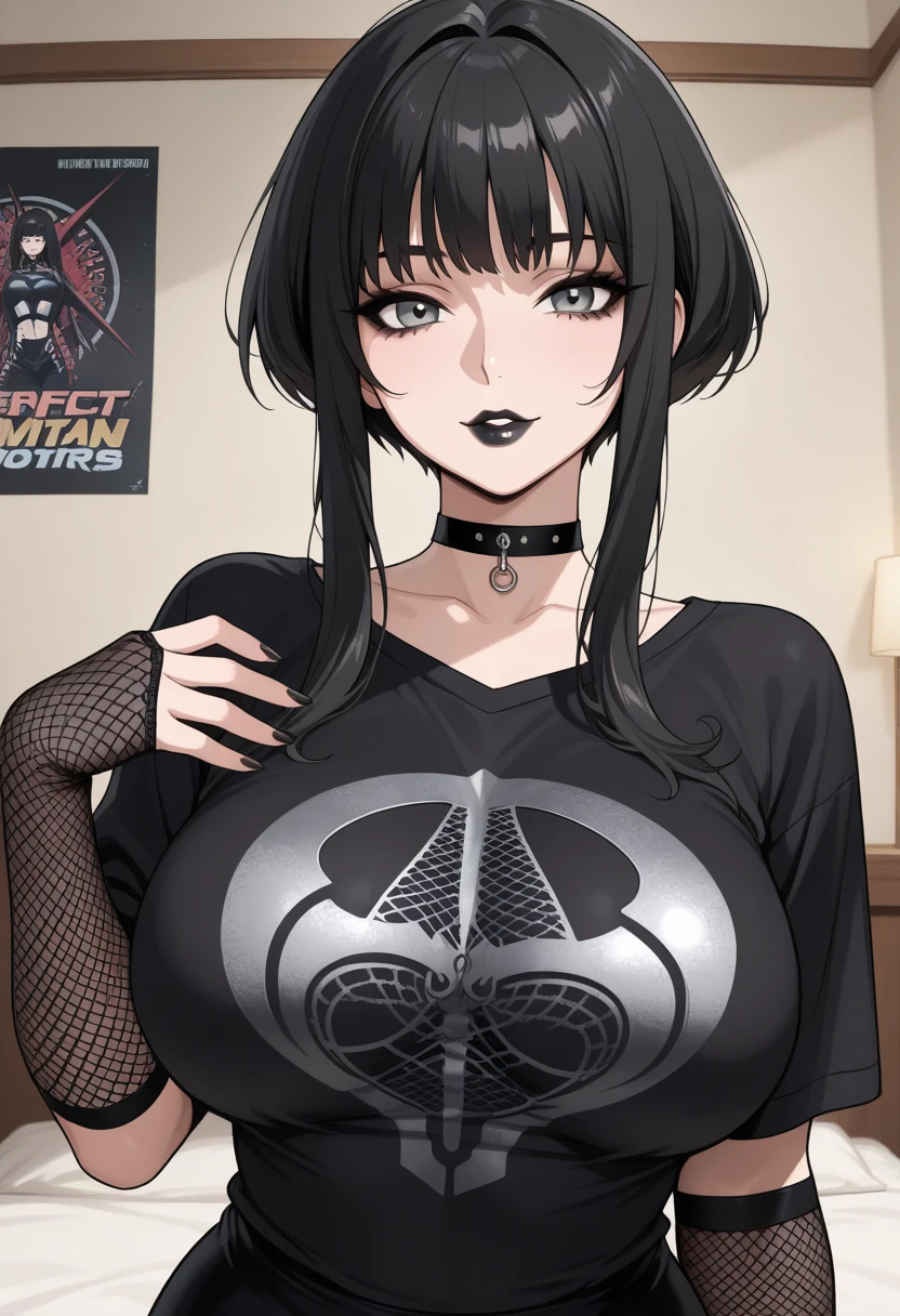 (masterpiece, best quality:1.2), blackfire, 1girl, solo, breasts, dark skin, black t-shirt, white shirt, blue jeans, belt, lipstick, large breasts, layered sleeves