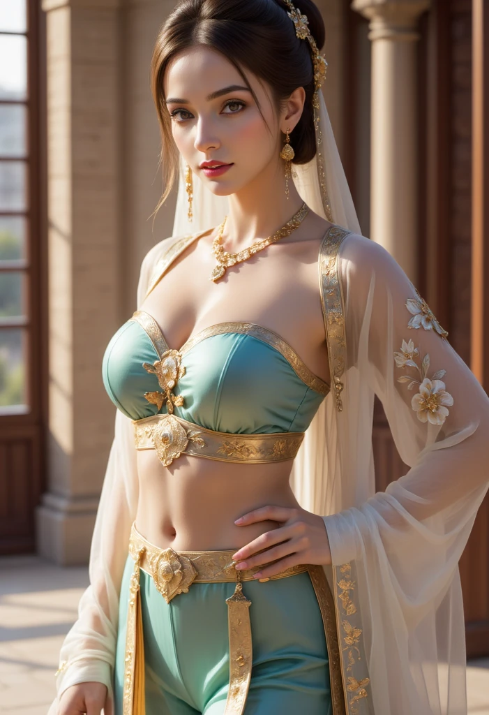 Create a masterpiece image of an exceptionally beautiful Asian girl with an angelic and innocent face. She should be adorned with radiant, intricate jewelry that catches the light, including gemstone earrings, a sparkling necklace, and delicate bracelets. Her attire should be mystical and captivating, made from rich fabrics such as silk and satin, with flowing designs and intricate patterns like classic floral motifs or mystical symbols.
She could be wearing a long dress with light, ethereal layers in enchanting colors like emerald green, twilight purple, or wine red, with meticulously embroidered details in gold or silver thread. Her hair could be long and silky, styled naturally or elegantly pinned up with delicate hair accessories like gold pins or fresh flowers.
The background should be an enchanting setting, perhaps a magical forest with shimmering light filtering through the leaves, or an ancient palace with intricate architecture and flickering candlelight. The lighting in the image should be professionally arranged, with soft rays gently illuminating her body and face, creating a shimmering and magical effect. Her posture and expression should convey a graceful elegance and an otherworldly charm, as if she is a goddess or a character stepping out of legend.