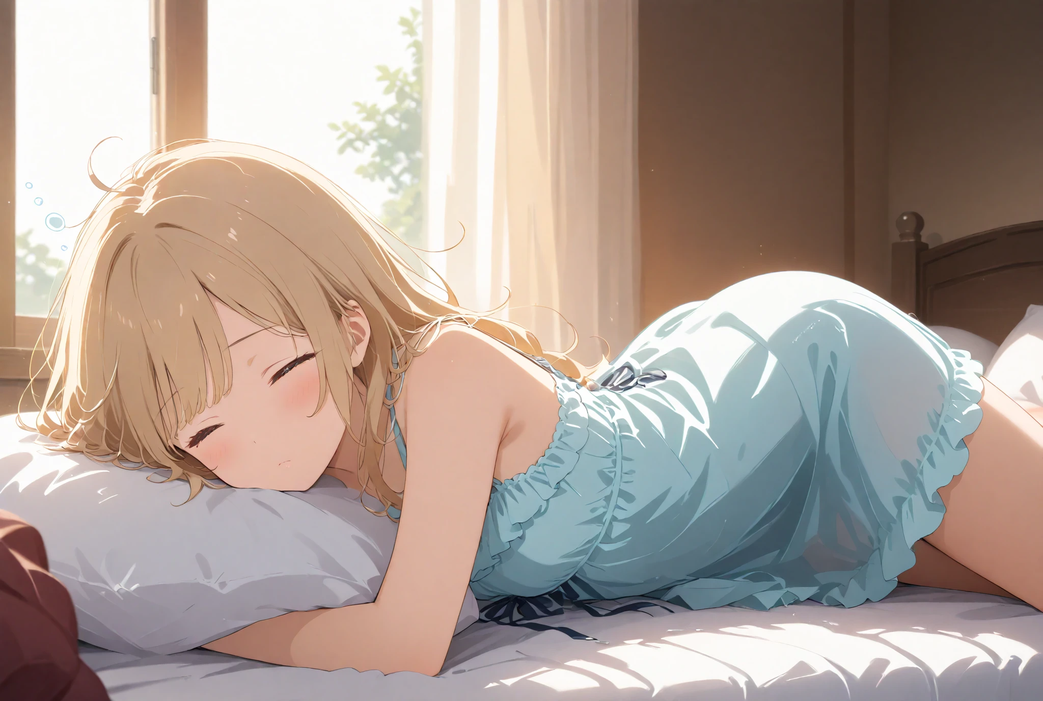 A young woman leaning against a bed's headboard as a backrest, just waking up. She has a sleepy expression, using a pillow behind her lower back like a cushion. A white sheet is pulled up to her waist, hiding her lower body. She is wearing a frilly negligee. Her short golden hair is slightly messy with bed hair, the tips sticking out. Sunlight pours in through an open curtain, softly illuminating the room in a warm morning glow. soft lighting, morning scene, bedroom interior, warm tones, sleepwear, cinematic composition