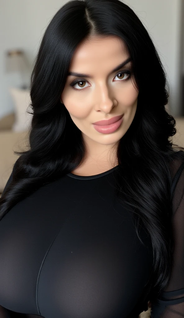 A woman with long black hair and big breasts wearing a black flowered dress in her 50s