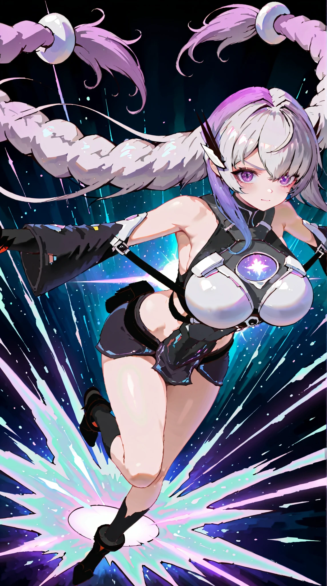 top-quality、Top image quality、masterpiece、girl with((White suit、glowing mechanic suit、18year old、 ager、cute little、Best Bust、big bast,Beautiful shining purple eyes、Breasts wide open, a blond、Longhaire、A slender,Large valleys、belligerent movements,sharp claws、With sniper rifle、head phone、black bright wings、fighting poses、being filmed、splatters、Feeling of sprinting)),hiquality、Beautiful Art、Background with((Space Battlefield)))、Depth(planet earth),masutepiece、depth of fields,Cinematic style