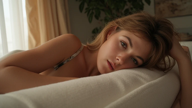 Une fille blonde nue avec un très joli corps fin et une jolie poitrine, nue, sur un lit, allongée, totallement nue, seins nu, fesses nues, jolies fesses, sur une terrasse ensoleillée, éclairage parfait, bijoux, se maquiller, 24mm, textures 4k, regarder le spectateur, établir un contact visuel, ultra réaliste, 8k, reflex numérique.