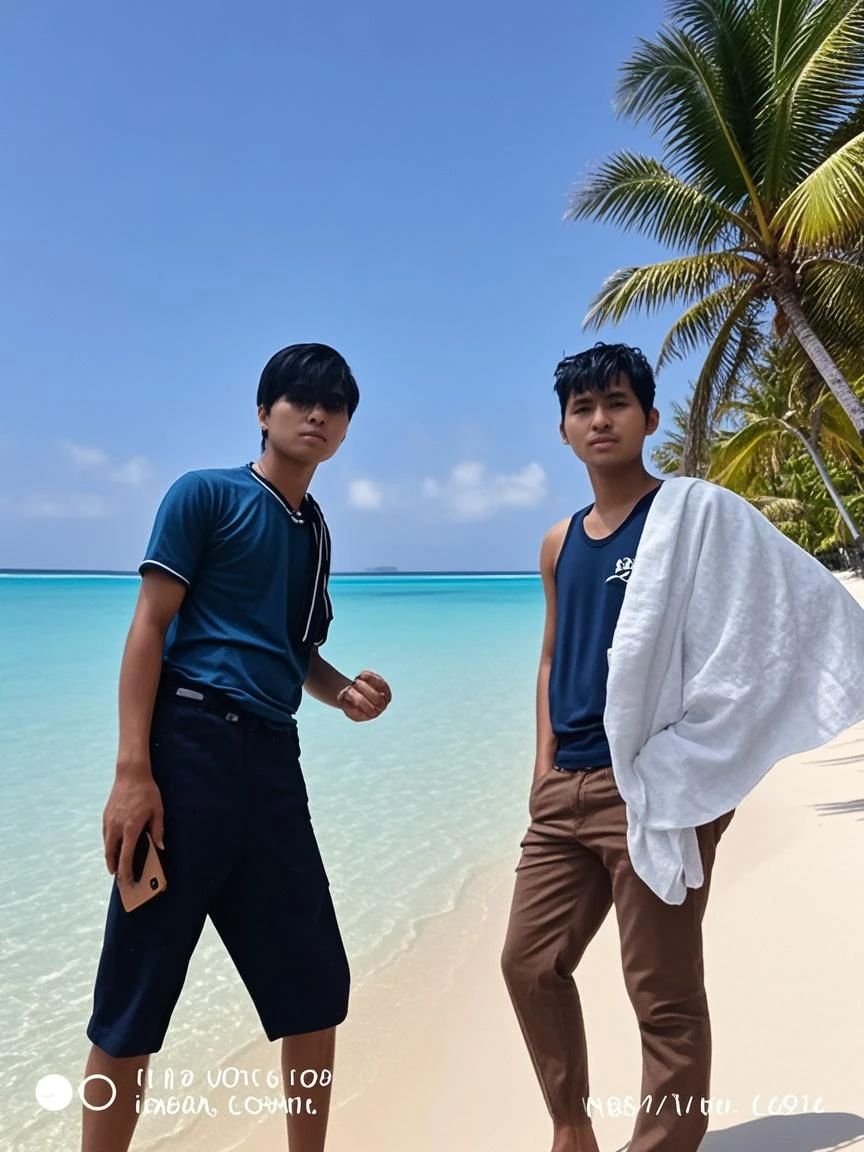 2 teenage guys 10 years old American-china guys, sharp eyes, comma hair,10 years old,beach,sea, coconut tree, blue sky white clouds, blue sea, sunshine day, white swimwear