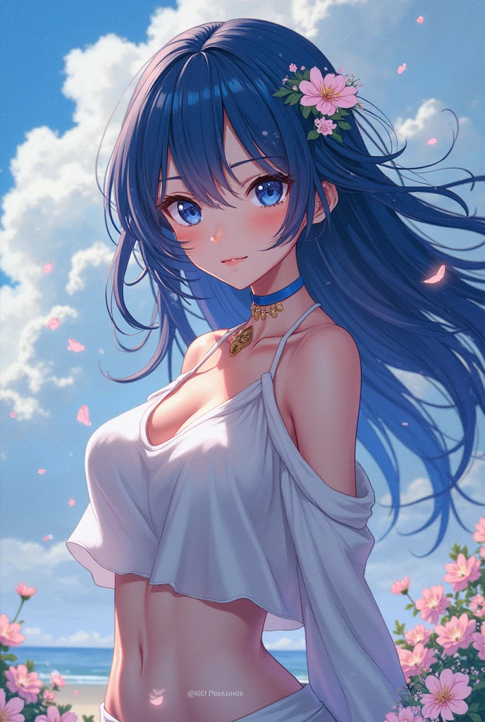 upper body of goddess of azure flowers, blue eyes, long light blue hair, (), front view, blue petals flying in he wind, sunshine