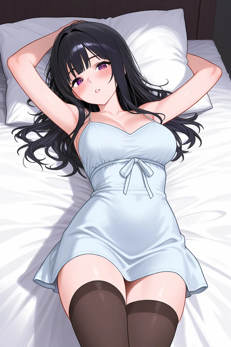 Stunning Chitanda, There is only one beautiful girl,purple eyes, black hair, Naturally straight hair, straight bangs,extremely refined,lips open,flowing long hair,Peerless beautiful girl, dreamlike,Slim,soft, (Sensual), (kawaii), Dream quality,White loose pajamas,no underwear,soak,on the bed,sitting,Hold the pillow,big breasts,bare shoulders,Clavicle exposed,bare neck,Bare thighs,Exposing the groin,camel toe,bare legs,barefoot,extremely shy,ultra high resolution, (masterpiece:1.2, best quality), (Exquisite and beautiful eyes: 1.2), (Beautiful and delicate face)