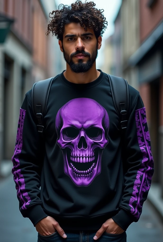 A young adult with purple eyes, with slightly long hair, endomorfo, and wears black clothes with purple details.
badass clothing: t - shirt, cargo pants, combat boots.
He is actually a slime in his humanoid form..