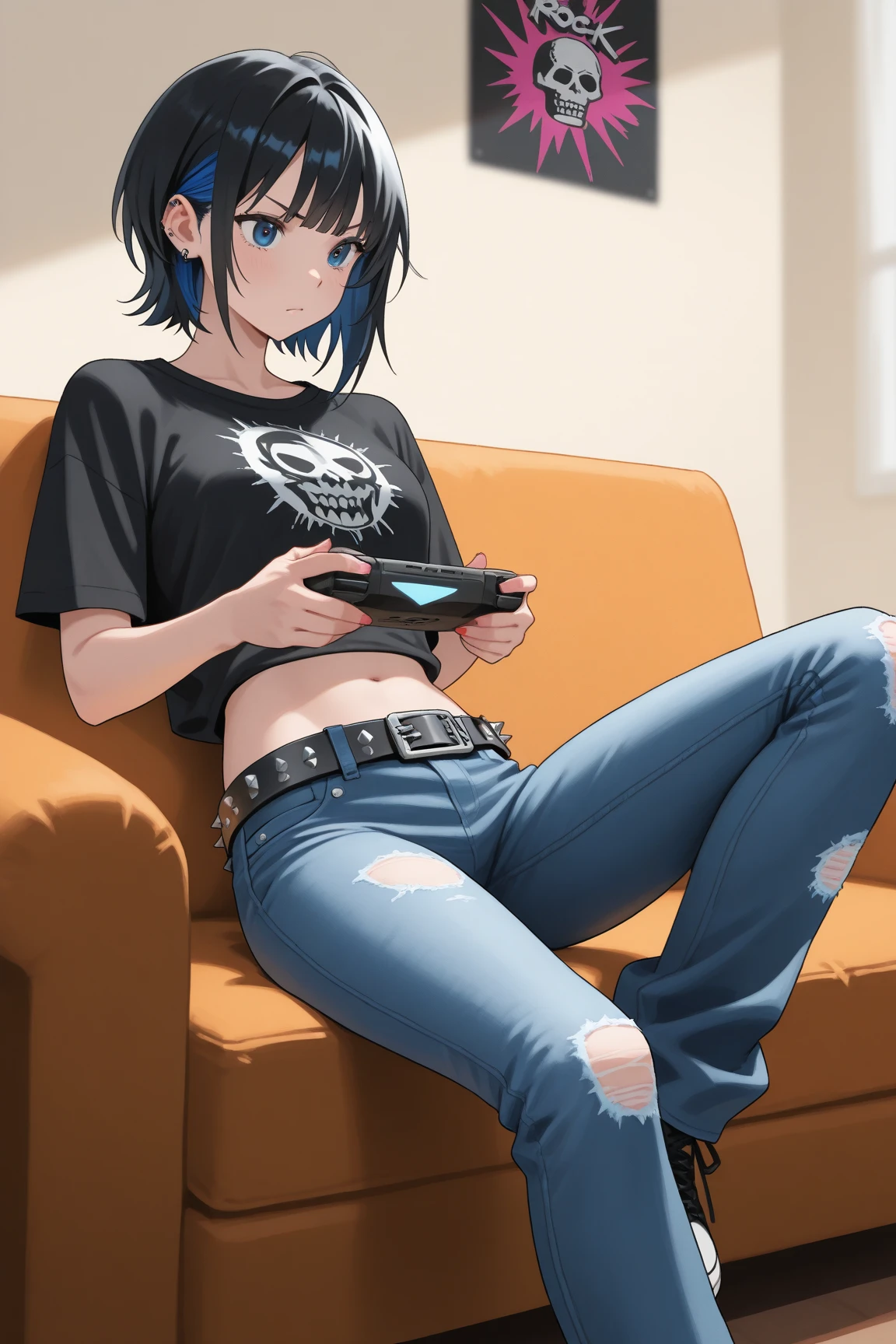 mature woman, tomboy, hot face, excited expression, (sharp eyes), cyan eyes, (short hair, pixie hairstyle, dark blue hair, dark hair), (fit body, mature body), big breast, short pants, hot pants, casual shirt, (living room, normal living room), sitting on the couch, close up view, holding viewer's hand, playful smirk, playful eyes), (holding game controller), side view
