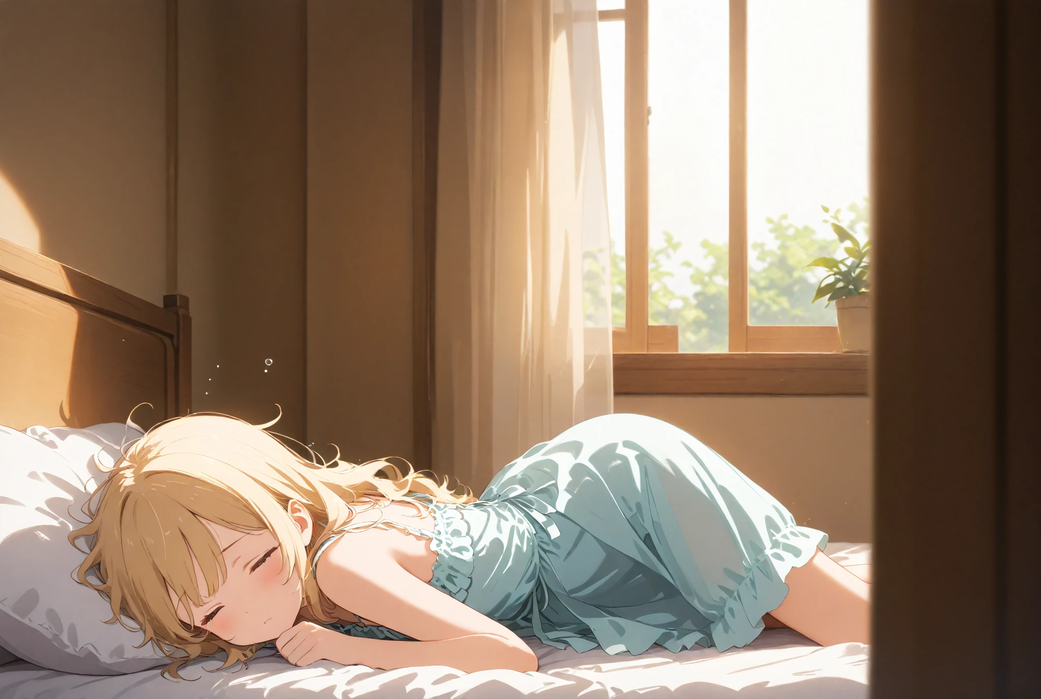 A young woman leaning against a bed's headboard as a backrest, just waking up. She has a sleepy expression, using a pillow behind her lower back like a cushion. A white sheet is pulled up to her waist, hiding her lower body. She is wearing a frilly negligee. Her short golden hair is slightly messy with bed hair, the tips sticking out. Sunlight pours in through an open curtain, softly illuminating the room in a warm morning glow. soft lighting, morning scene, bedroom interior, warm tones, sleepwear, cinematic composition