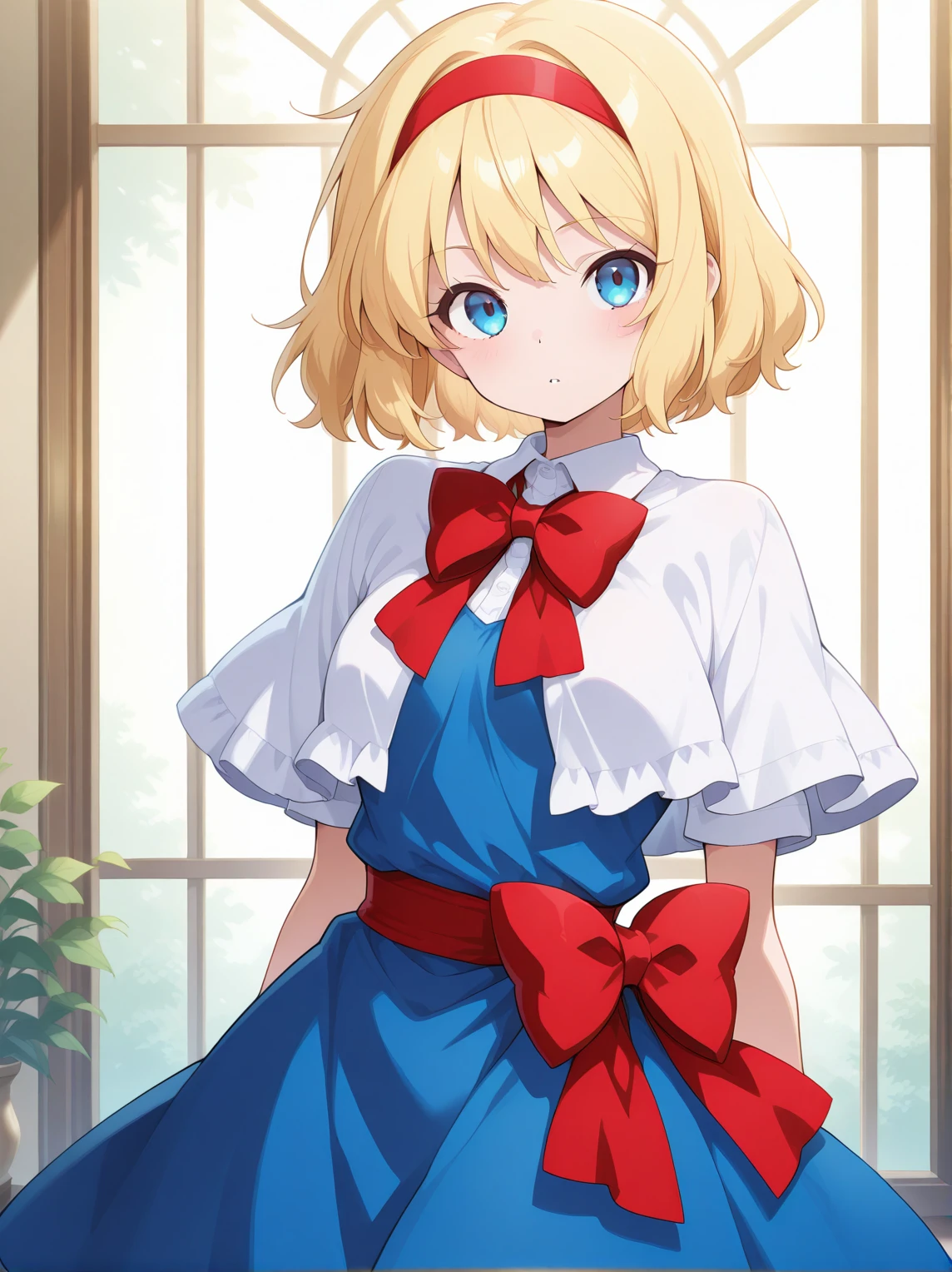 best quality, masterpiece, highres, solo, {alice_margatroid_touhou:1.15}, blonde_hair, short_hair, hairband, blue_eyes, capelet, 1girl, blue_dress, dress, sash, smile, looking_at_viewer, simple_background, open_mouth, white_background, long_sleeves, wrist_cuffs