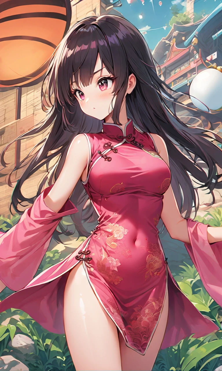 China dress、mature woman、big breasts、big ass、valley、underwear、panty shot、Low - Angle、troubled face、blush、slit