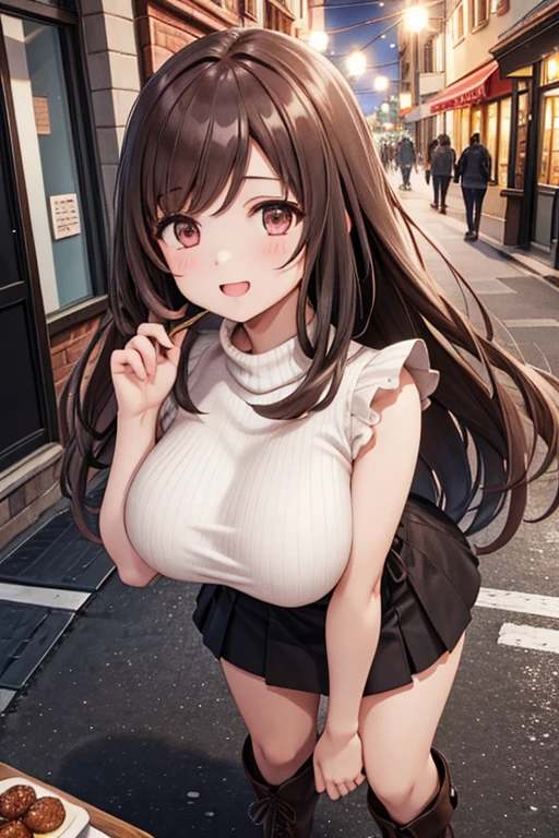 ((masterpiece,Highest quality;1.3,best illustration)),cowboy shot,1woman、25 year old beauty、独奏,((very small head:1.3)),brown hair,straight long hair,bangs,brown eyes,gorgeous eyes,blush,small breasts,((very long body:1.3)),((toned body,slender body,skinny)),gleaming skin,shiny skin,oily skin,(White tight T-shirt、denim micro shorts)、on street,Tokyo,