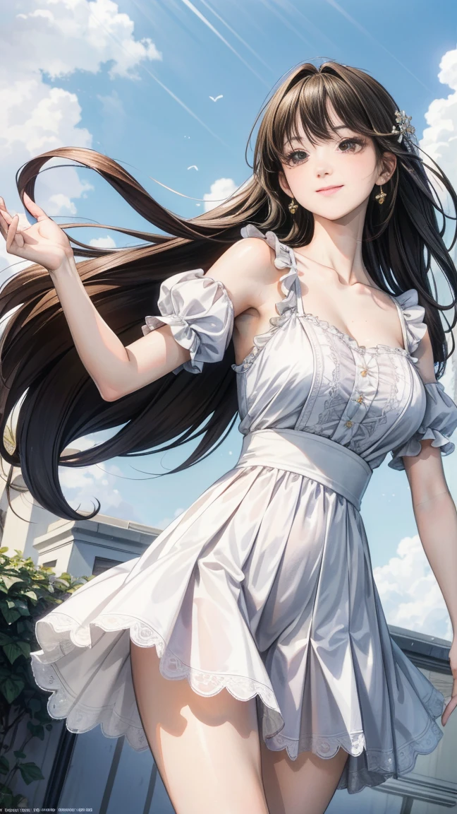 Best Quality,High resolution,8k,finelity detailed background,Masterpiece:1.2),beautiful girl,Shiny brown hair,messy hair,Brown eyes,Gentle look,A refreshing look,smile,Best quality,Best Quality,Aesthetic and aesthetic:1.2,Best details((Super detailed))(High-definition CG illustrations),China dress(blue),Slender body,party,smile,blush,cute,Scrounge,Looking up,Being spoiled,super model