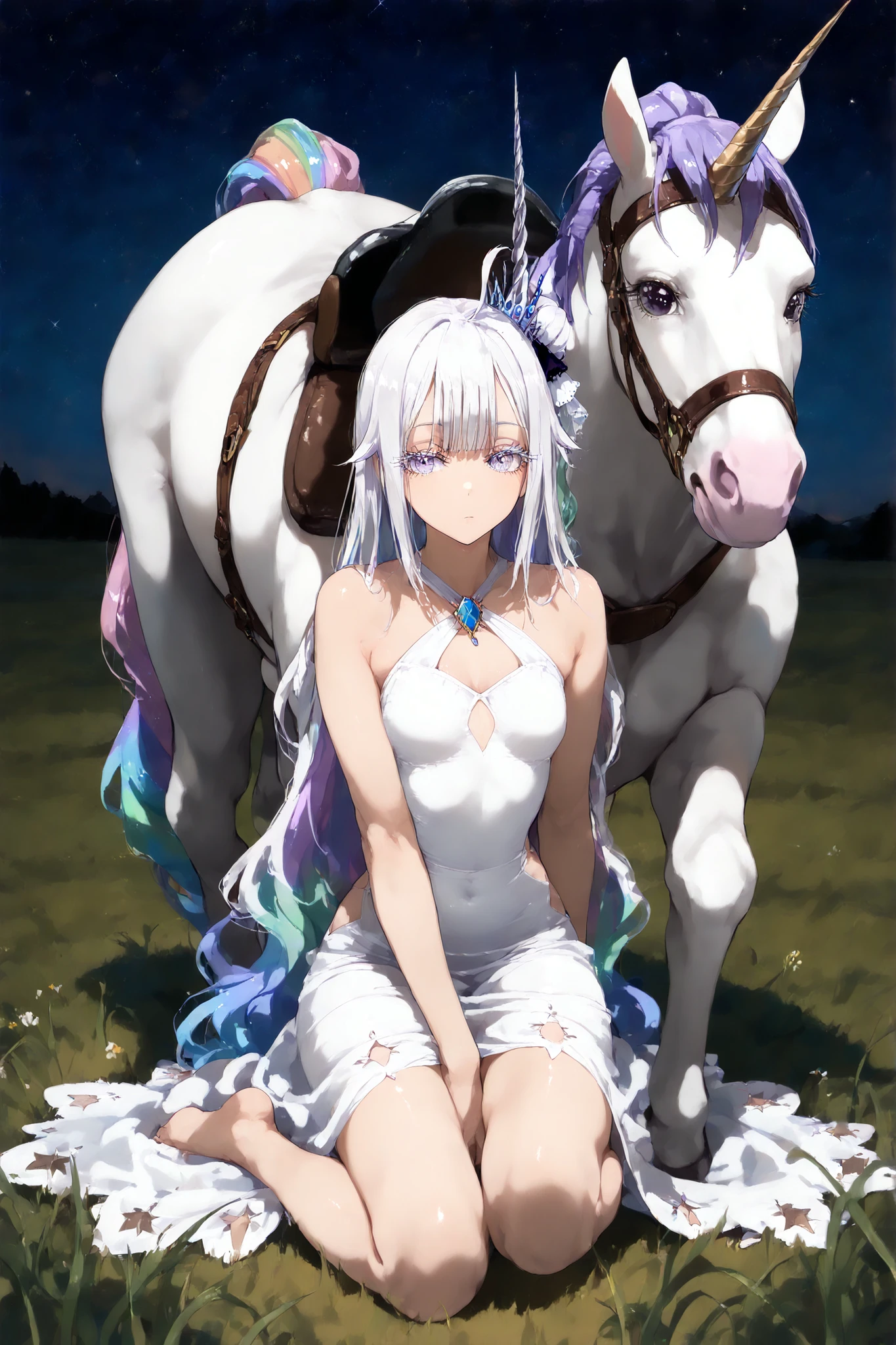 (((masterpiece))), (((best quality))), (((super detailed))), (((dynamic))), night, starry sky, grassland, (side-saddle:1.3), white unicorn, fantasy unicorn, rainbow tone unicorn, shining unicorn, cool horse, mamimi style, sexy pose, small height, slender, a little small breast, beautiful body, like transparent, pretty, cute, attractive, cool, no expression, emotionless, like a doll, mysterious, beautiful, 1 girl, monotone, white hair, very long hair, long bangs, neat bangs, long white eyelashes, jewel eyes, white eyes, beautiful eyes, common one-piece dress, white one-piece dress, simple one-piece dress, barefoot
