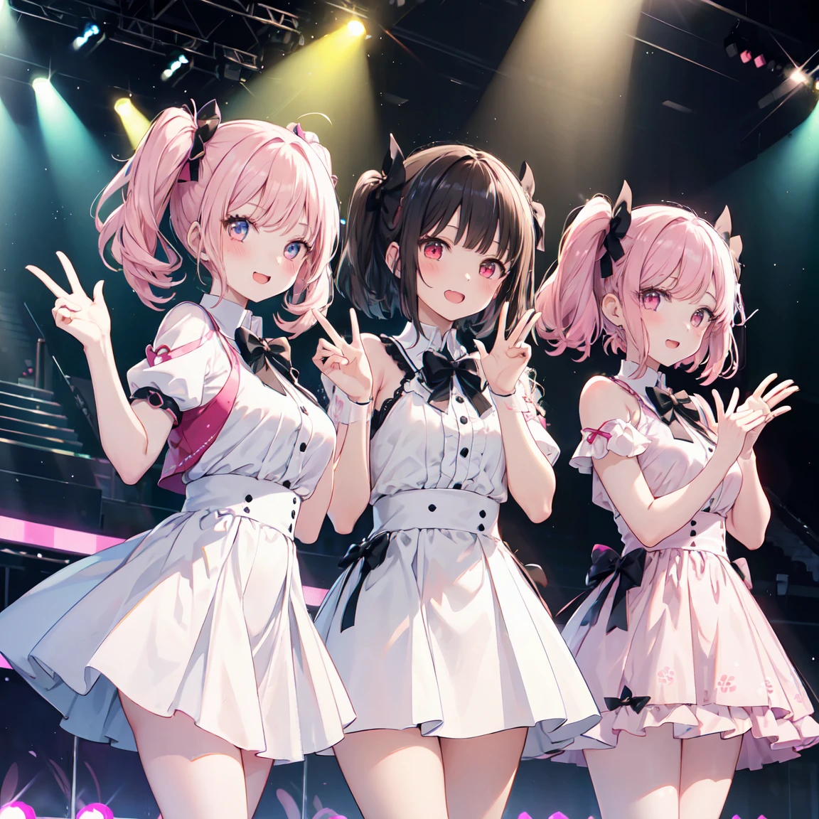 (Consciousness upward:1.1)、(Highest quality)、(masterpiece:1.1)、(Beautiful and vibrant background:1.25)、(masterpiece、Highest quality、Very detailed)、(Realistic)、(Beautiful and detailed)、Big Stage、Stage lighting、(Pink Hair、Redhead)、
One Girl、alone、Looking at the audience、Cowboy Shot、Upper Body、
 Ayumu Uehara、Yellow Eyes、Frill dress、Pastel Pink Dress、A light smile、Written boundary depth、(Pastel pink gloves:1.4)、Frilled gloves、Wide bangs、
Expose your shoulders、Close one eye、Rounded teeth、
Love Pose,Double V,