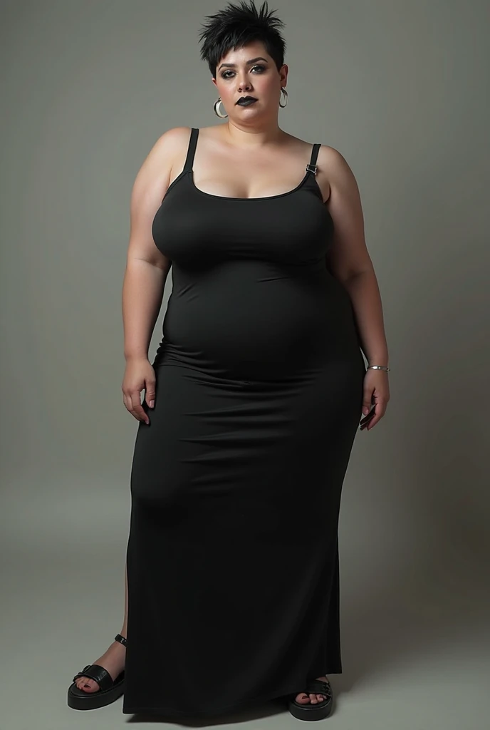 Older fatty women in hot dress in room full body in black dress 