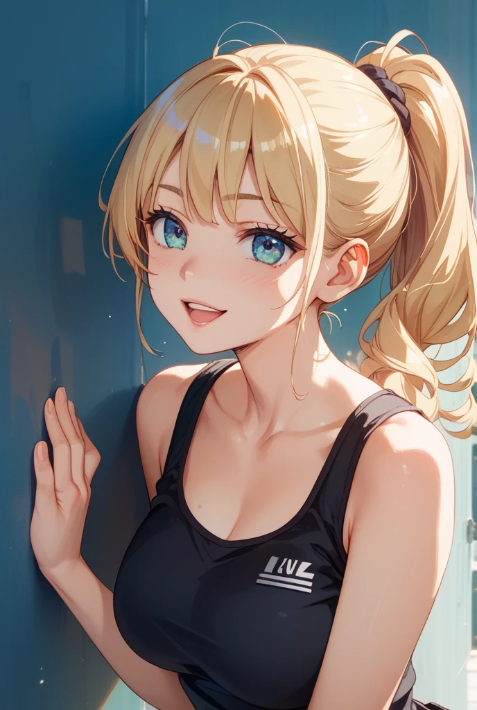 realistic, 1girl, beauty, small breasts, young, 16 years old, beautiful detailed eyes, half body potrait, close up, black twin tails, gleaming skin,smile shy, asymmetrical bangs, in the bedroom, longeyelashes, solid circle eyes, light smile, ear blush, armpit, sexy lips, sweaty body and armpit, cute black sport bra, blonde hair, blue eyes,