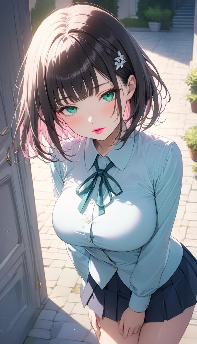 (masterpiece:1.2, highest quality), (realistic, photorealistic:1.4), beautiful illustrations, 
looking at the viewer, full body, Front view:0.6, 
1 girl, Japanese, high School girl, (shortcut hair:1.5, pixie cut), blown hair, shaggy hair, hair between eyes, big breasts:0.8, 
beautiful hair, beautiful face, detailed and beautiful eyes, beautiful clavicle, beautiful body, beautiful breasts, beautiful thighs, beautiful feet, beautiful fingers, 
(beautiful scenery), , School,
((collared short sleeve shirt, white shirt, , Grey plaid pleated skirt, blue plaid bow tie)), white panties, 
(Are standing, , lift the skirt, grab the hem of the skirt, put your hand on your chest, hand between legs), 
blush, ,