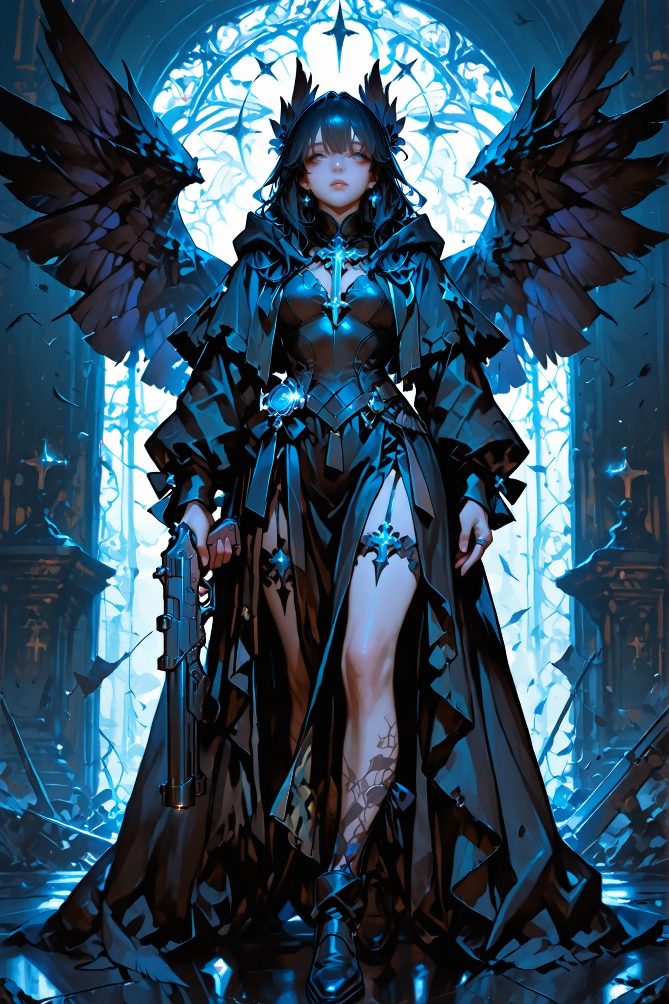 Fallen Slayer: Raven Wings、Eyes are hidden by wings、full body image、Standing picture、Magical Girl、Awakening、Highest image quality、4k、full body image、gun