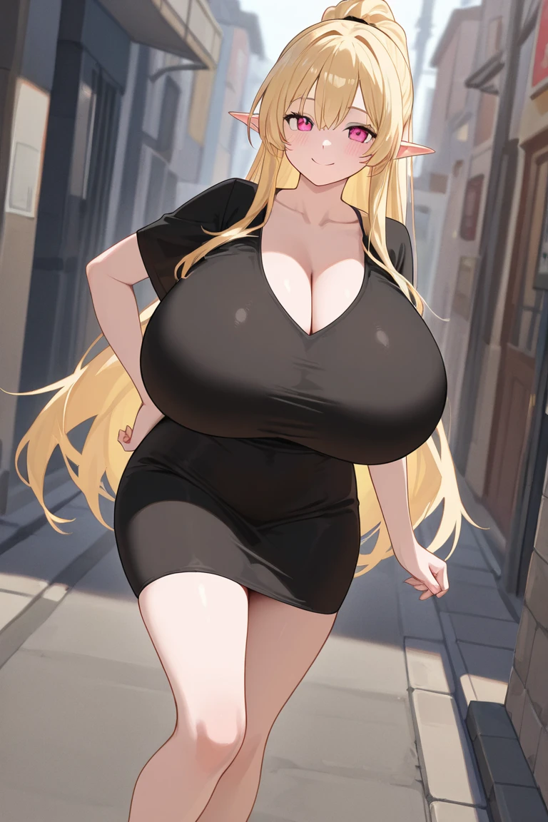 Shuz, (1woman, solo:1), (masterpiece, best quality, ultra-detailed:1.8), wide hips, huge thighs, (thin waist:1.4), (huge breasts:1.6), huge nipple bulging in clothes, blonde hair, pencil dress, (heart), jewelry, dynamic lighting, stunning mommy, walking glamorously in the city, purse, flowing hair, detailed dress, detailed background