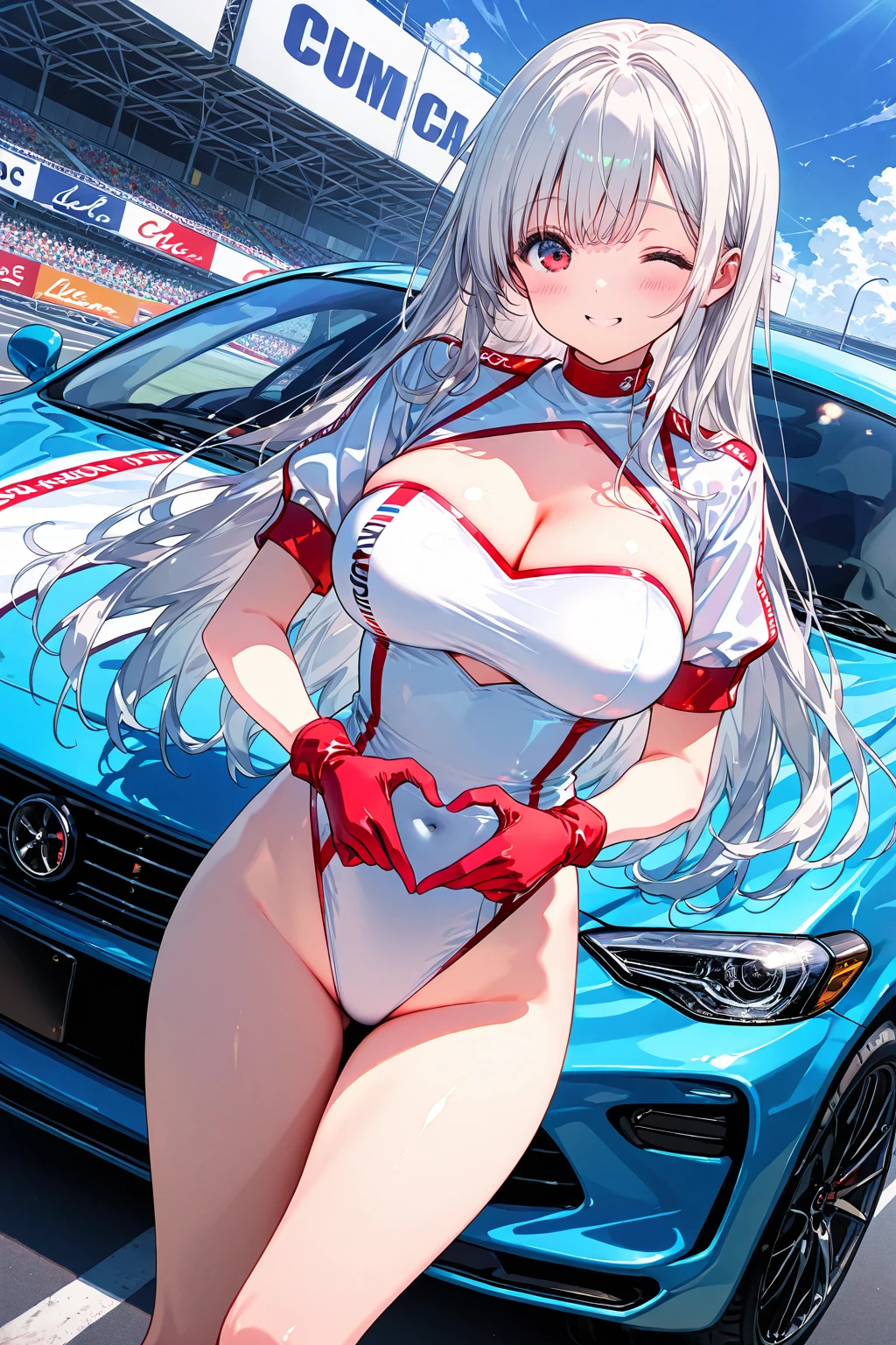 Highest quality,masterpiece,Auto racing circuit,Supermodel,Ridiculous Swimsuit,Checkered Flag,smile,Race Queen