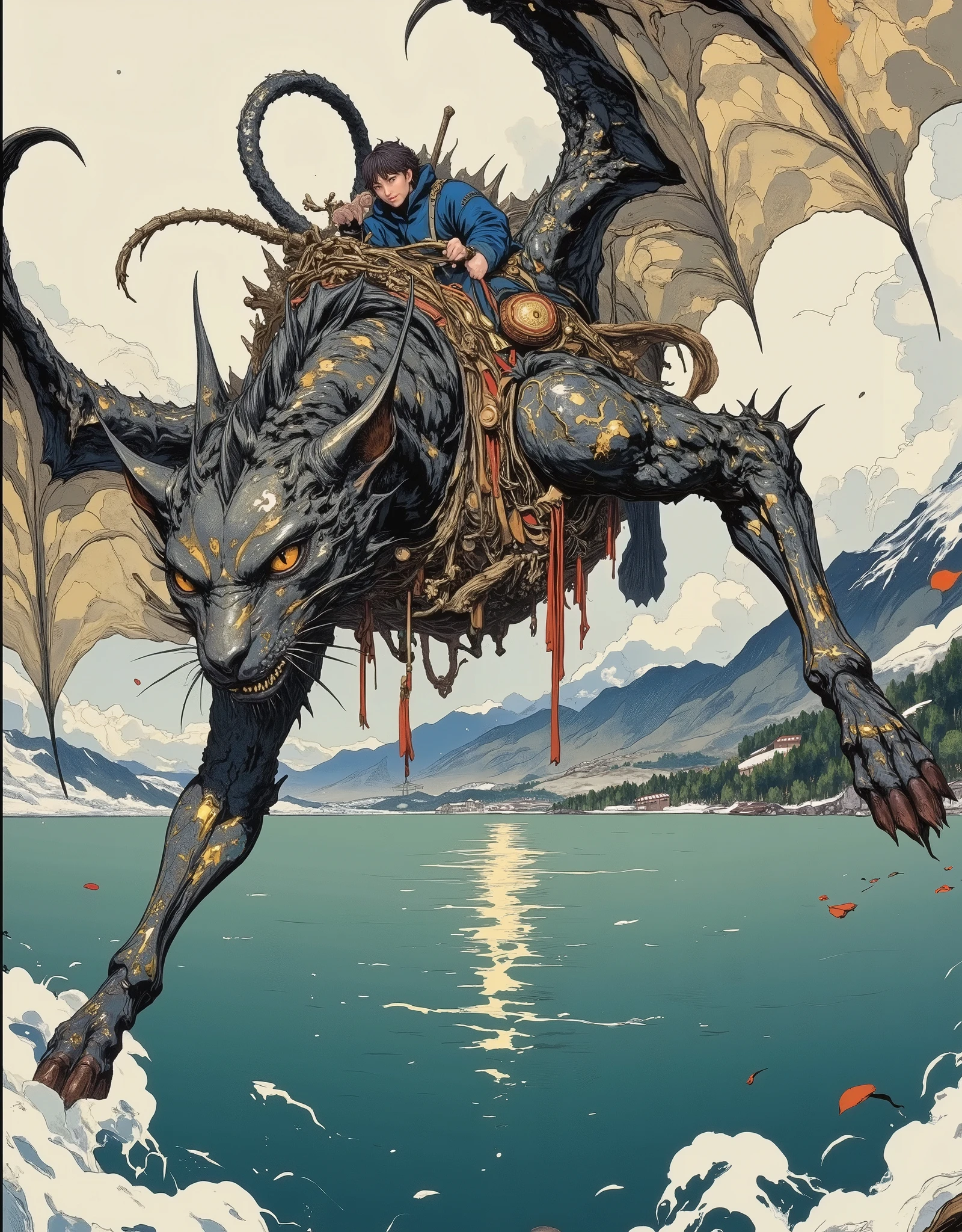 A giant mount, which is a hybrid of a dragon and a fluffy giant cat, a computer game character, flies over an endless blue-green ocean. His huge webbed wings, like ancient fans, cut through the air, and his long whiskers flutter in the wind. The hybrid of a cat and a dragon is a long, graceful body with feline grace, but covered with scales instead of fur. With holographic scales the color of the night sky and golden patterns, a large head with feline features (high cheekbones, narrow eyes), but with horns like an oriental dragon, and long whiskers turning into smoky curls. The paws are feline, but with claws like a dragon's and small movable tassels on the elbows. A long flexible tail with smooth transitions from scales to a fluffy tip, like a cat's. Translucent webbed wings, like a bat's, but with patterns reminiscent of Japanese fans. The back of the mount depicts a boy in a blue haori lazily chasing him with a willow branch. The saddle is made of black lacquered wood with carved patterns, the horse blanket is painted with oriental motifs. Bridle: silk tasseled ribbons intertwined with the scales of a horse. Misty mountains covered with snow can be seen in the distance, sakura petals swirl in the sky like snowflakes. The sun rises from behind the mist-covered mountain peaks.Light: soft, diffused, as if through a silk screen. Colors: calm, transparent — gray-blue, mother-of-pearl, interspersed with gold and ocher. Soft tones, smooth lines, the atmosphere of an ancient Japanese legend. A mysterious but peaceful mood — the boy and the horse are in no hurry, they seem to soar in the sky, as in the old legend. A mixture of myth and everyday life — a huge beast behaves like an ordinary cat, and a  fearlessly controls it.  Semi-realism, illustration. Pictorial and hand-drawn digital art, as if executed by the skillful hand of a master virtuoso. Watercolor, ink, Kai Nielsen style, Ukiyo-e and Studio Ghibli. Unusual, stylized design. Semi-realistic, with a high degre
