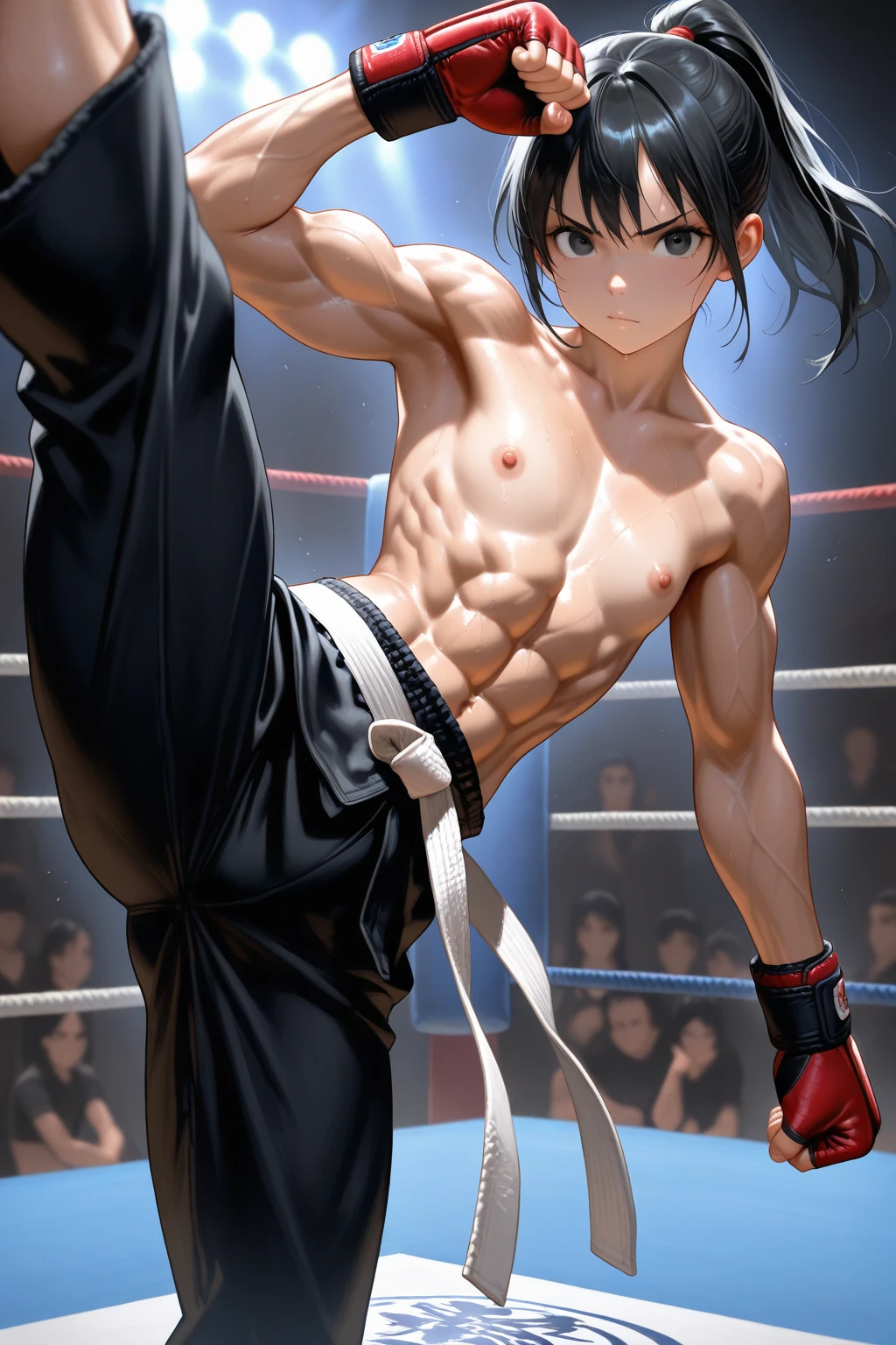shirtless handsome manly short black hair caucasian malemma fighter, mma gloves, mma shorts, sweat-drenched, soaking wet, drenched with sweat, sweating profusely, exhausted, panting, inside the ring