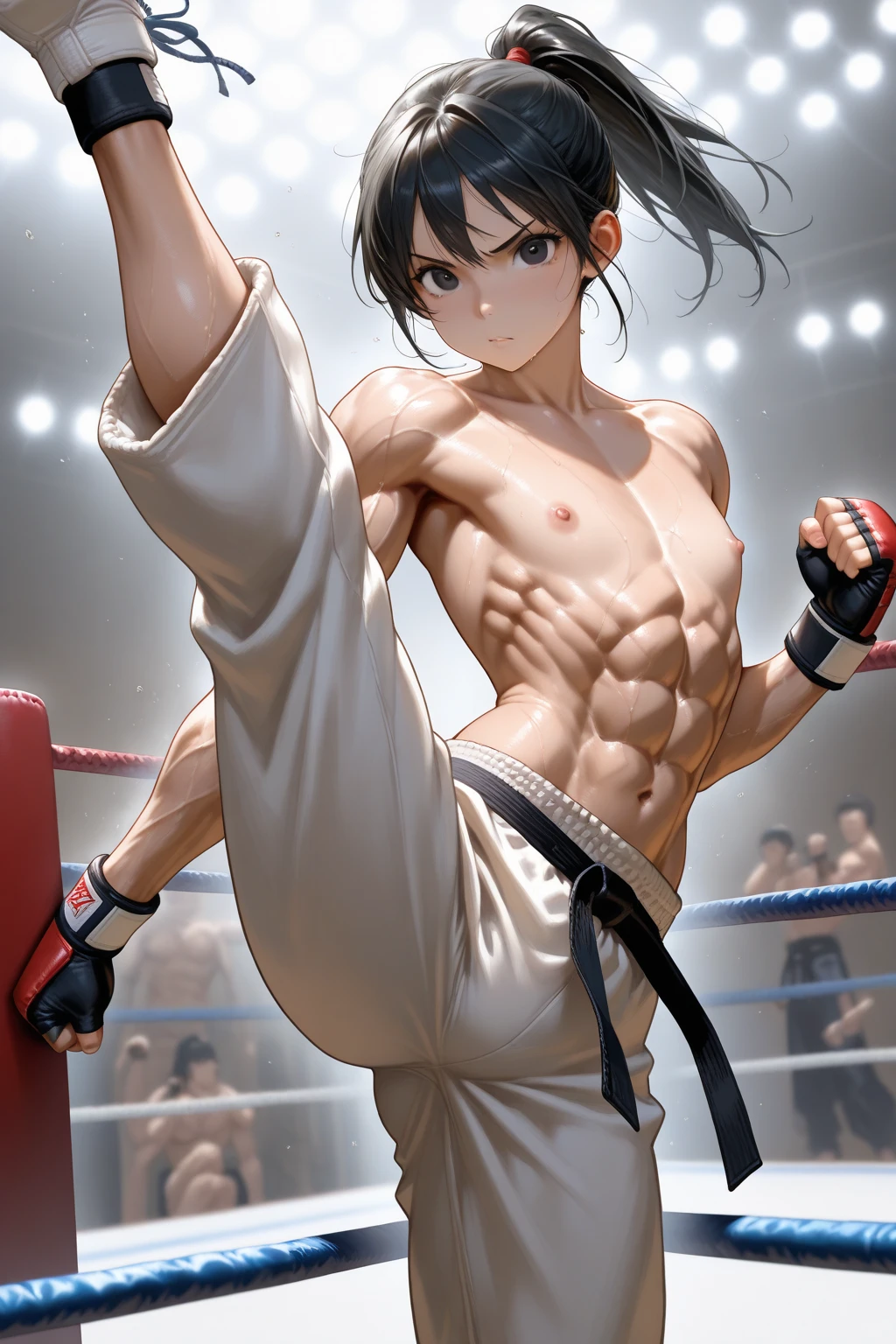 masterpiece, best quality, high quality,  1boy,10yo, , duo, male focus, full body, looking at viewer, brown hair,spiky hairstyle, short hair, steam smork, japan style,  anime coloring, shy, home muji style, detailed face, topless, white towel on waist, pose boxing fighter