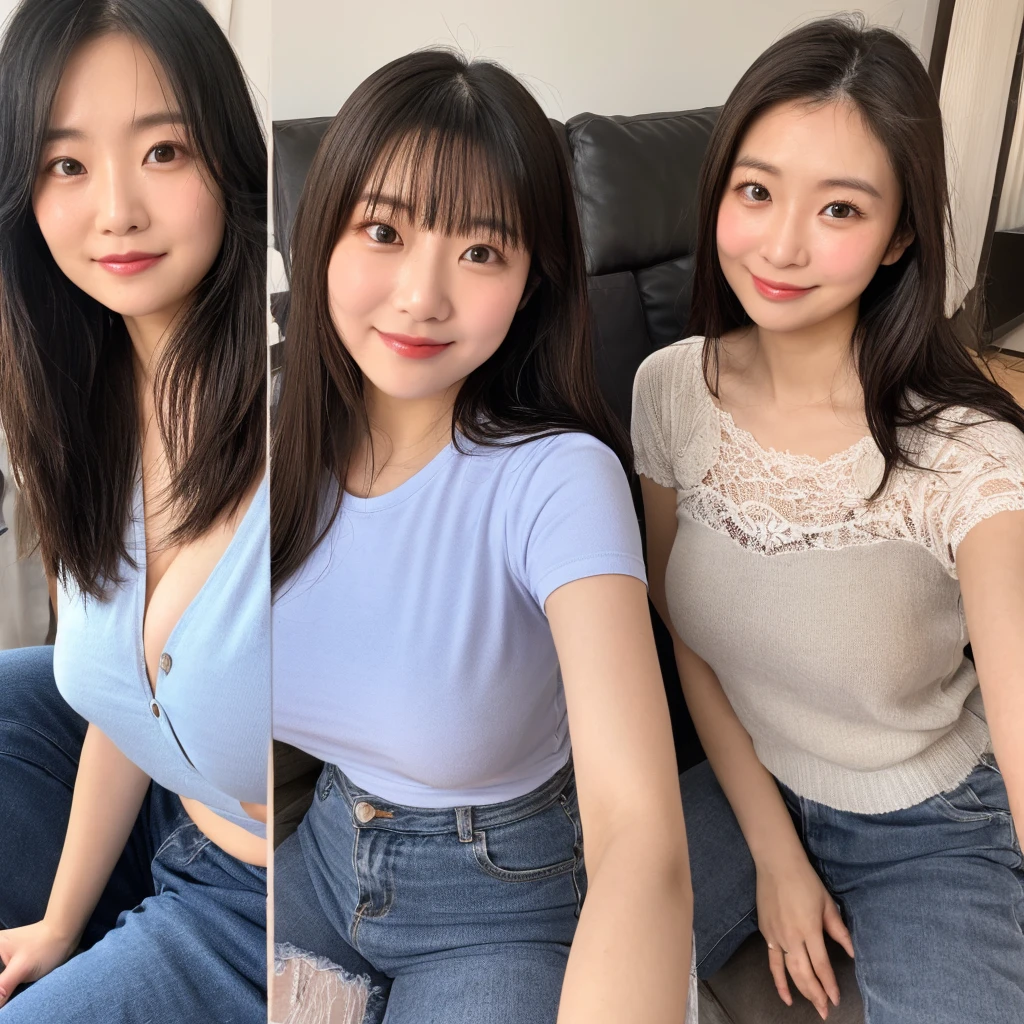 There is a woman sitting on a chair holding a mobile phone, gorgeous young korean woman, beautiful korean woman, beautiful young korean woman, young and cute asian face, popular korean makeup, popular korean makeup, 8k selfie, beautiful japanese girl face, girl cute beautiful face, young and adorable korean face, beautiful asian girl, one adorable korean face, rich bust