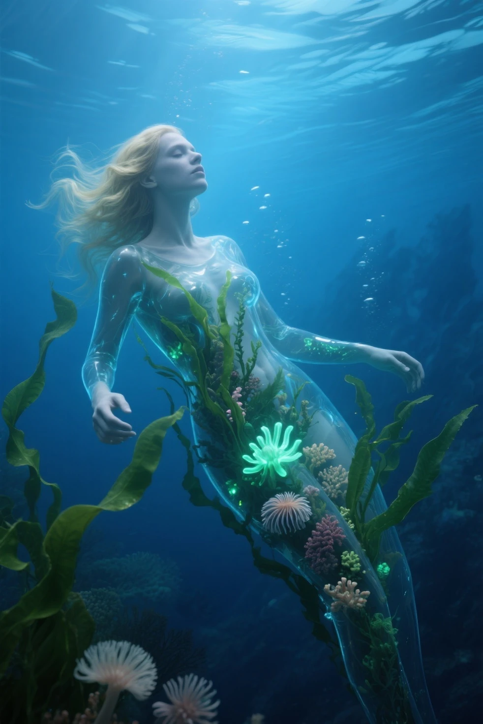 deep under the water of the coral reef there is a jellyfish that looks like a beautiful woman, the body is more emerald in color, the structure is half a mermaid, but the tail looks like a sea jellyfish, she looks at me from above, I look at her from below, a pearl in my hands, it's dusk all around