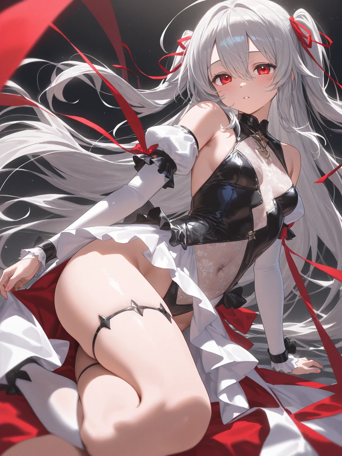 Long head and white hair，adolable，Red eyes，Be red in the face，Vaginal rundown，Make a sound，Panting，Lori huge breasts cleavage，white  panties，Spread your legs，The skirt is pulled up，Leakage from the lower body