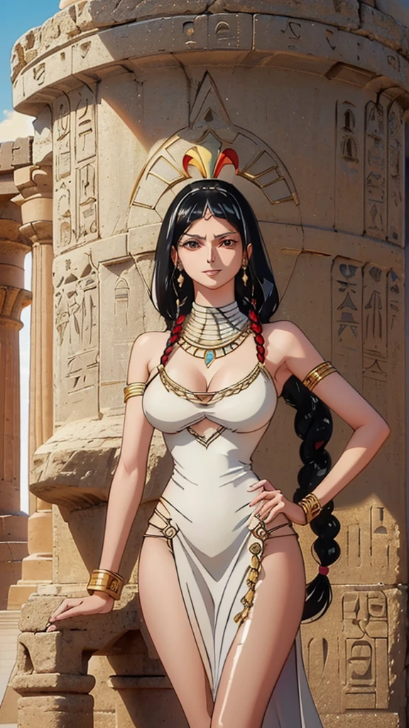 Masterpiece,Dia Kurosawa,black hair, green eyes,beautiful , looking away,arrogant,(one hand on hip),cleavage, thighs, (white exposing Egyptian dress), tiara,in Egyptian desert,smile 